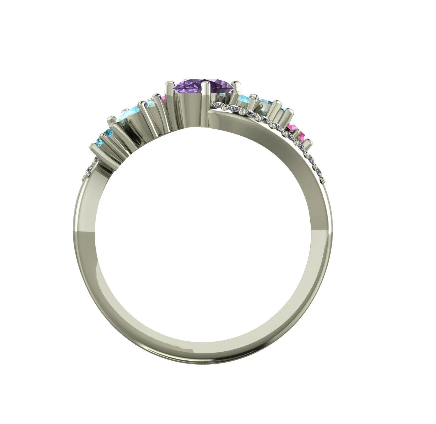 Side view of the Atlantis Storm multi-gemstone ring showing the intricate wave-inspired white gold setting and stone placements.