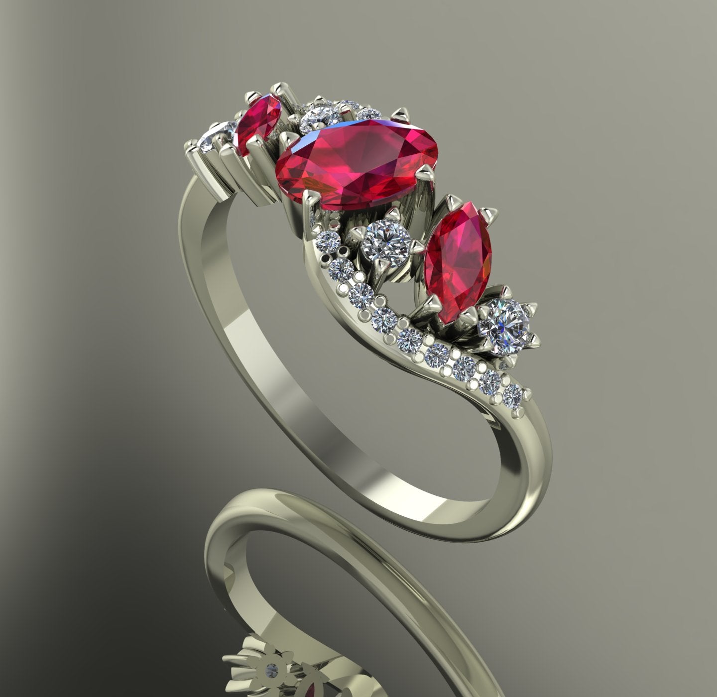 Side profile of the white gold Atlantis Storm ring, showing the wave-inspired setting and ruby arrangement.