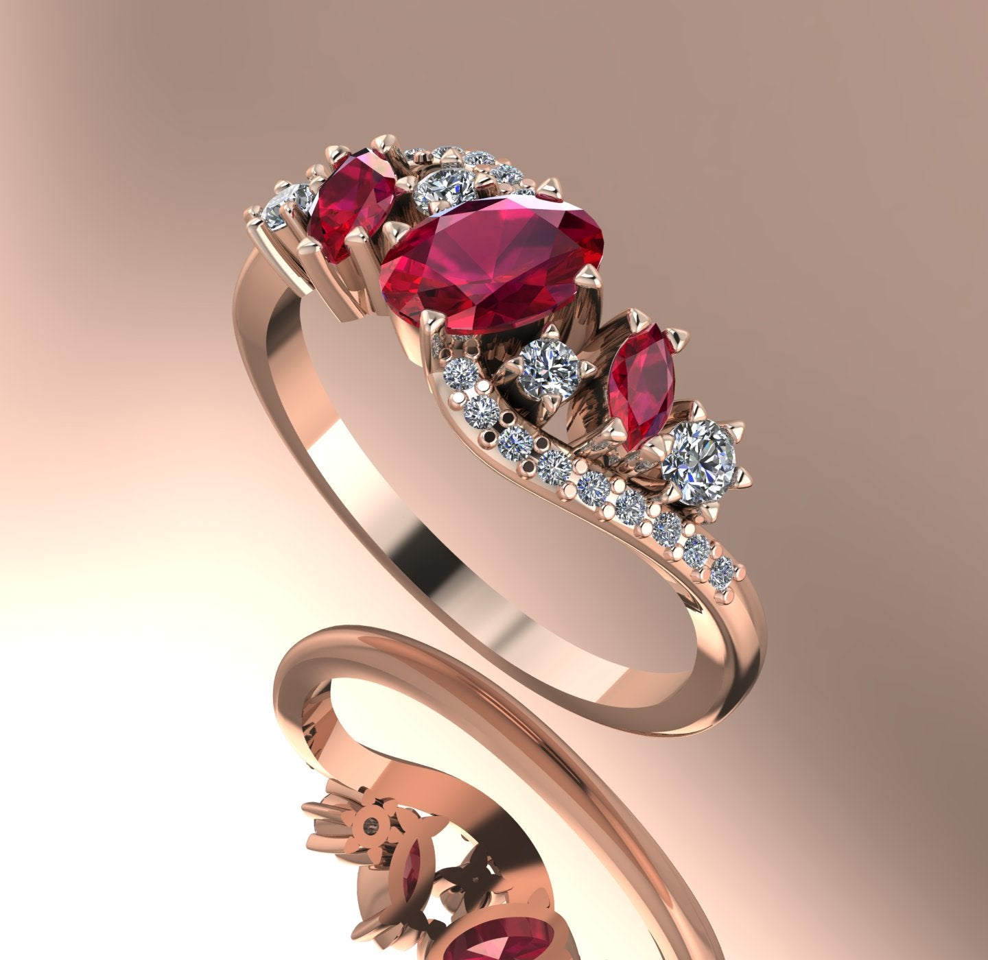 Side view of the 18ct rose gold Atlantis Storm ring, highlighting the organic wave-inspired setting and ruby arrangement.