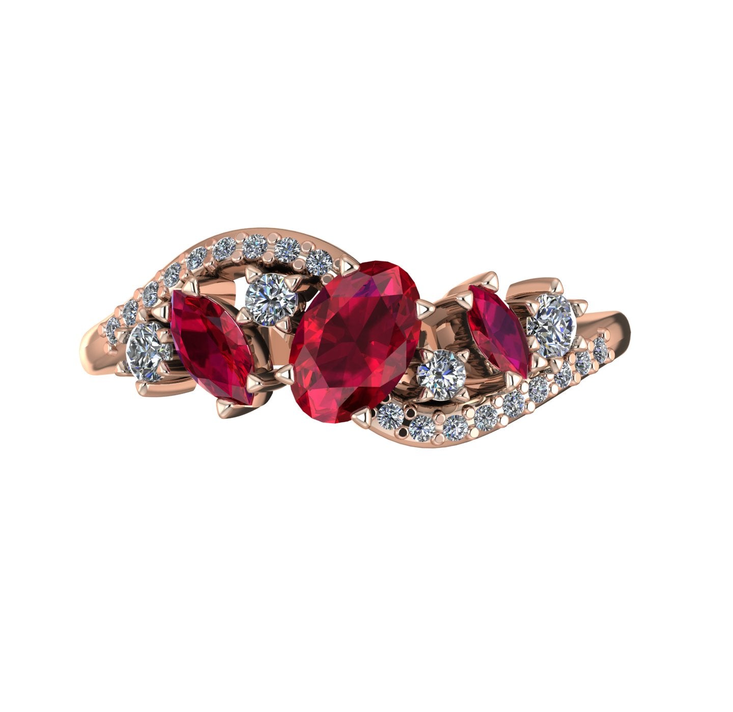 Top-down hero shot of the Atlantis Storm 18ct rose gold ring featuring a cluster of vibrant rubies and sparkling white diamon