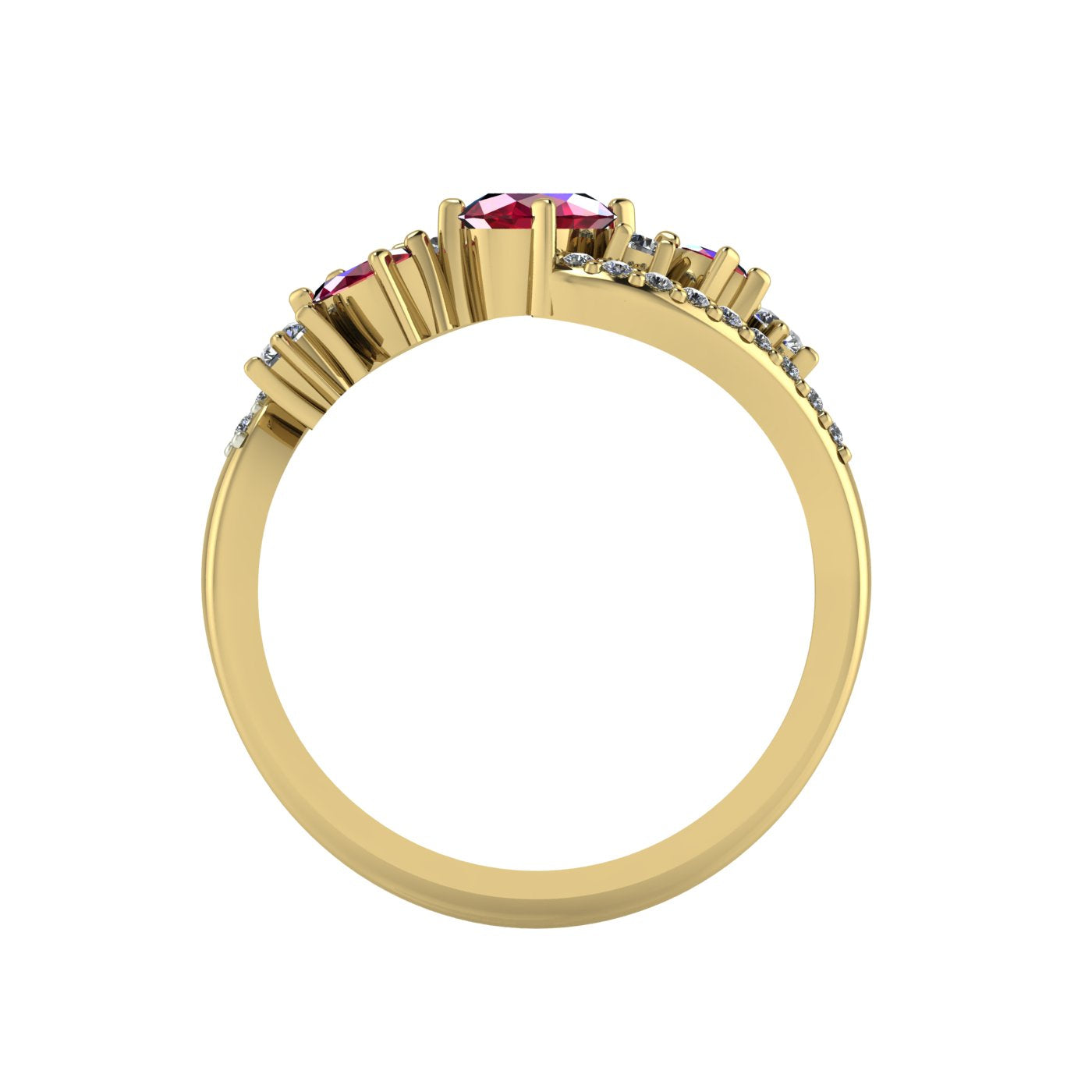 Through-finger view of the 18ct yellow gold Atlantis Storm ruby ring, showing the clean interior finishing.