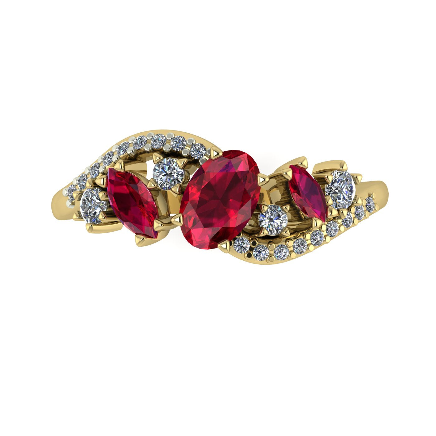 Top-down hero shot of the Atlantis Storm 18ct yellow gold ring featuring a clustered arrangement of vivid rubies and sparkling diamonds.