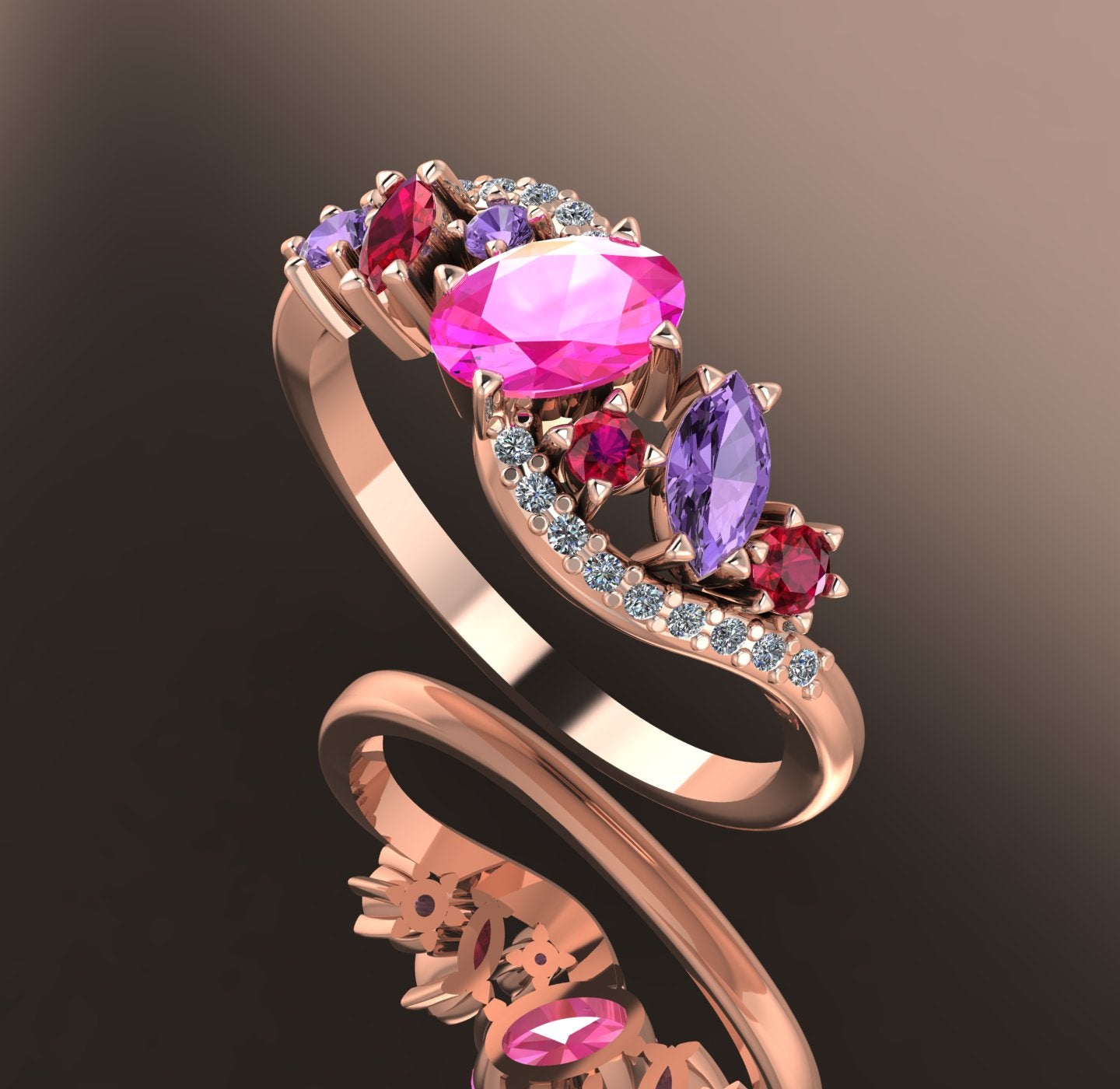 Angled shot of the wave-inspired rose gold setting, highlighting the cluster of rubies, sapphires, and brilliant-cut diamonds.