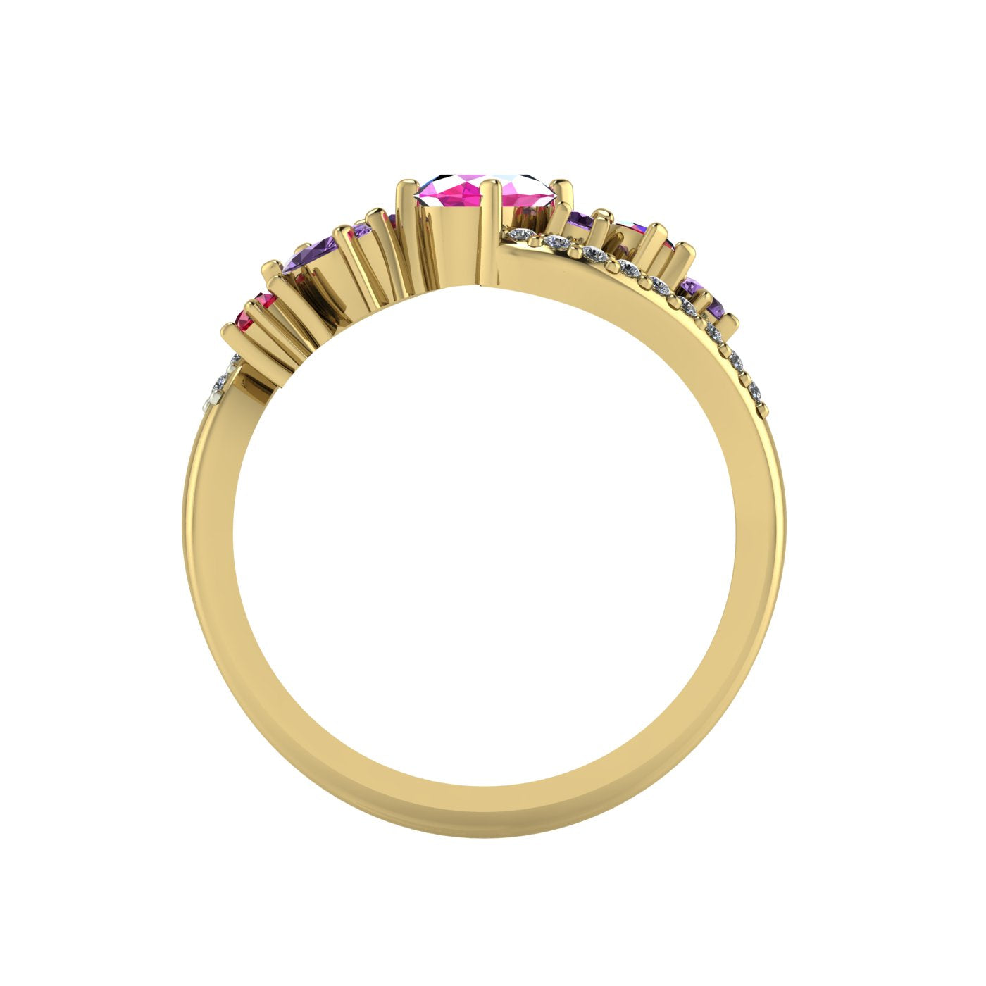 Through-finger view of the yellow gold Atlantis Storm ruby and sapphire ring, showing the hallmark and high-end setting structure.