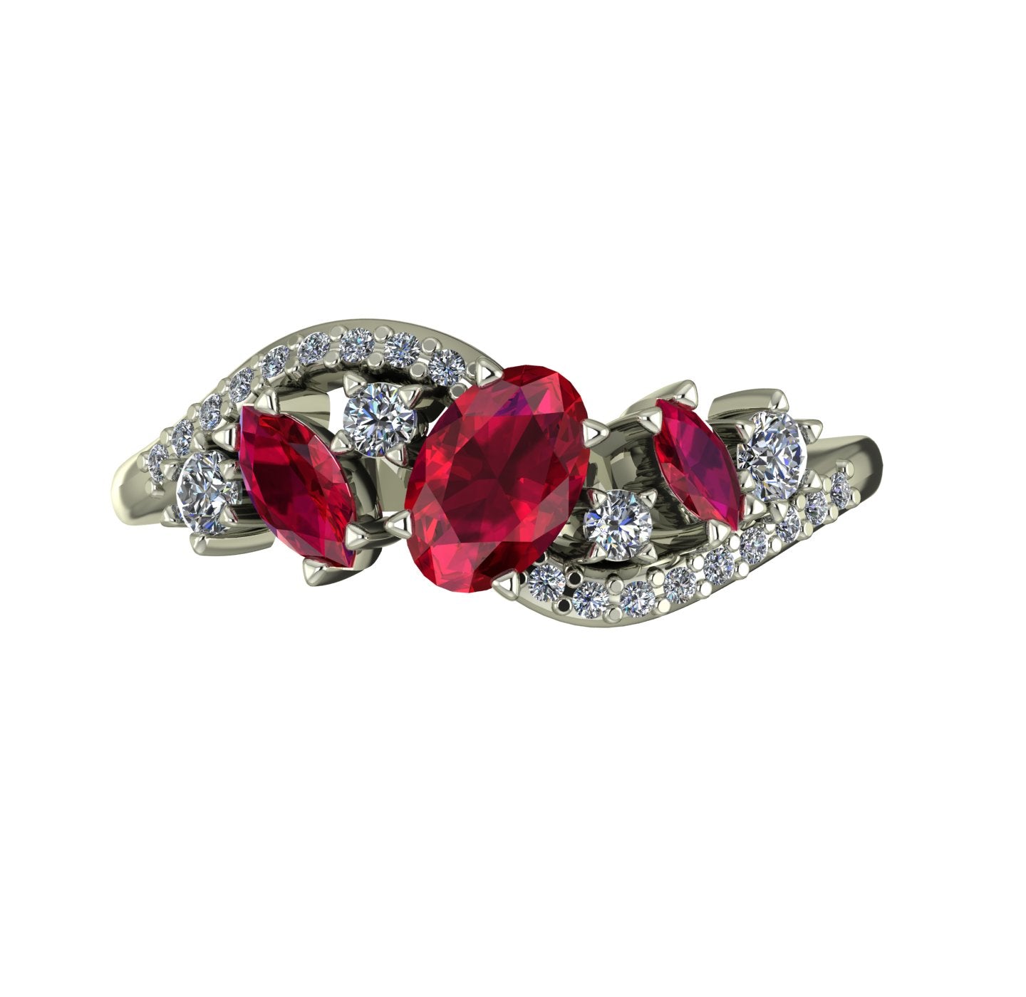 Top-down view of the Atlantis Storm 18ct white gold ring with a central ruby and white diamond cluster.