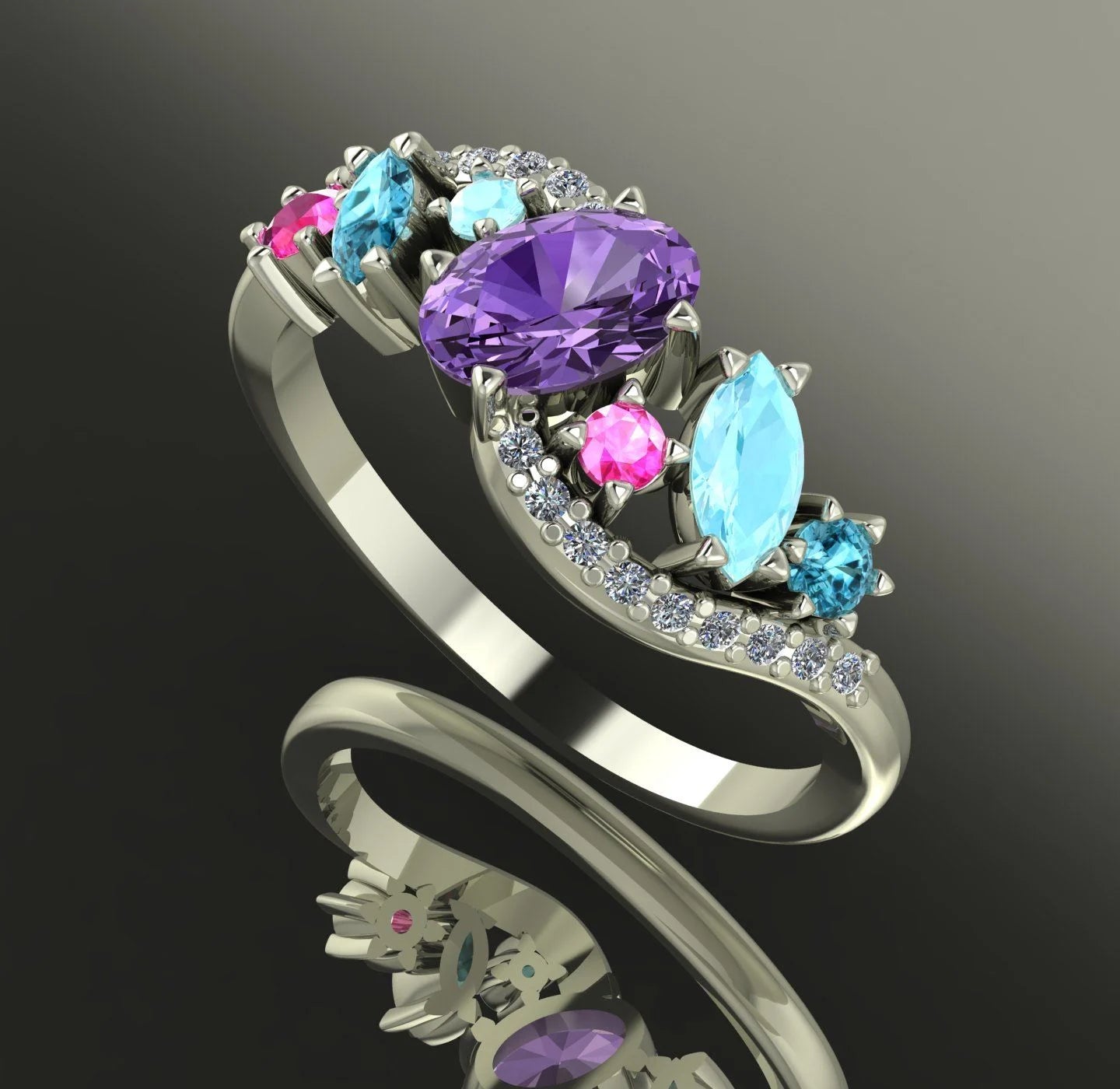 Angled shot of the handmade Atlantis Storm ring showcasing the sparkle and three-dimensional cluster of sapphires and zircons.