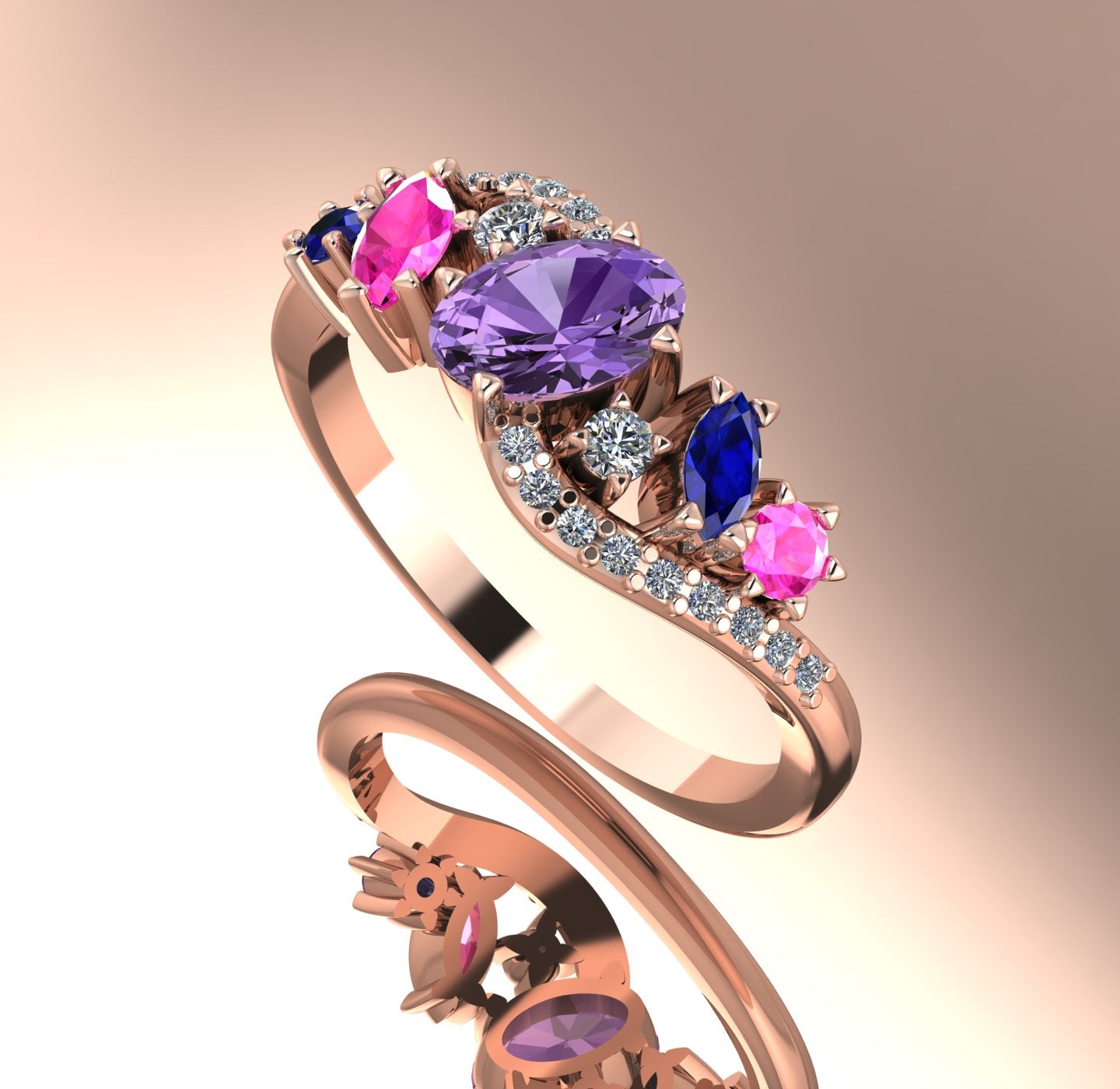 Side view of the wave-inspired 18ct rose gold setting, highlighting the height and arrangement of the multi-coloured sapphire cluster.