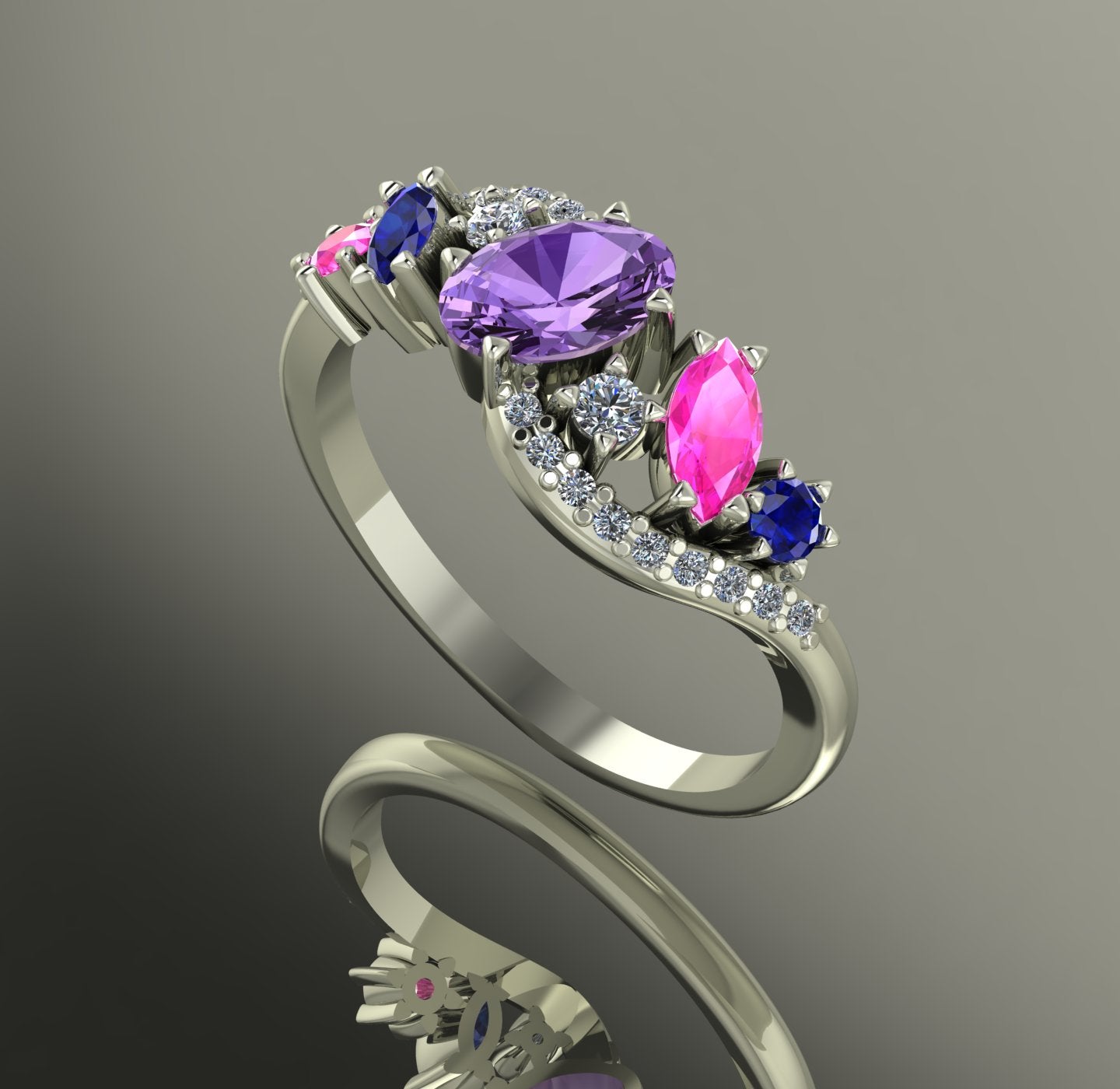 Side angle profile of the 18ct white gold Atlantis Storm ring, showcasing the wave-inspired setting and multi-coloured sapphire cluster.