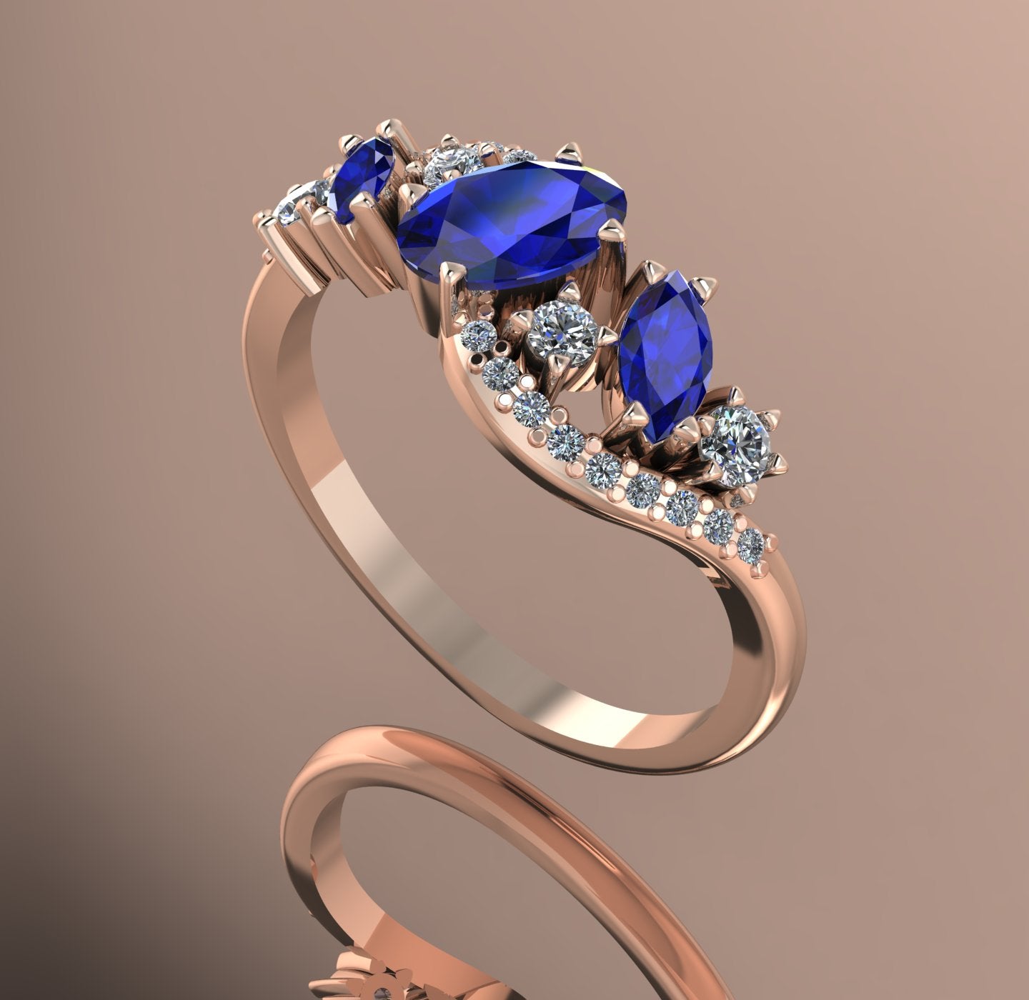 Side profile view of the rose gold Atlantis Storm ring, showcasing the organic wave setting and multi-gemstone cluster.