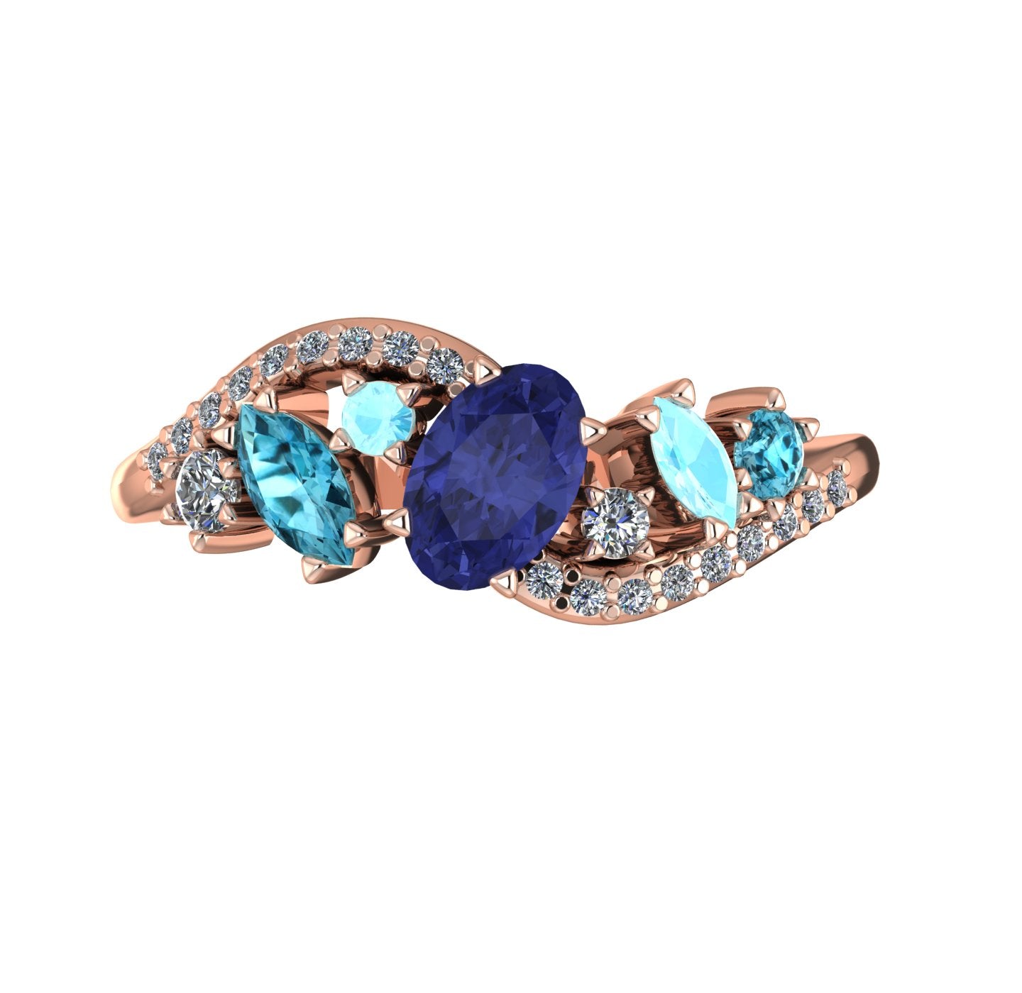 Top-down view of the Atlantis Storm 18ct rose gold ring featuring a central tanzanite, blue diamonds, and aquamarine accents.