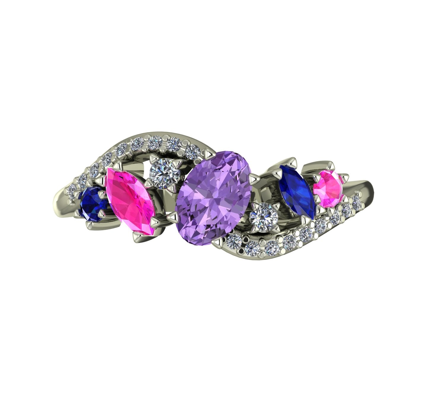 Top view of the Atlantis Storm 18ct white gold ring featuring a cluster of violet, blue, and pink sapphires with brilliant-cut diamonds.
