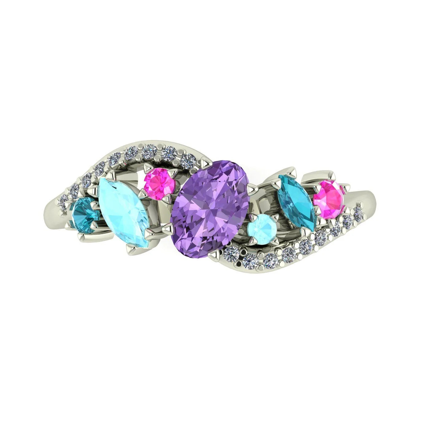 Front view of the Atlantis Storm ring in 18ct white gold featuring a central violet sapphire surrounded by aquamarine, pink sapphire, and diamonds.