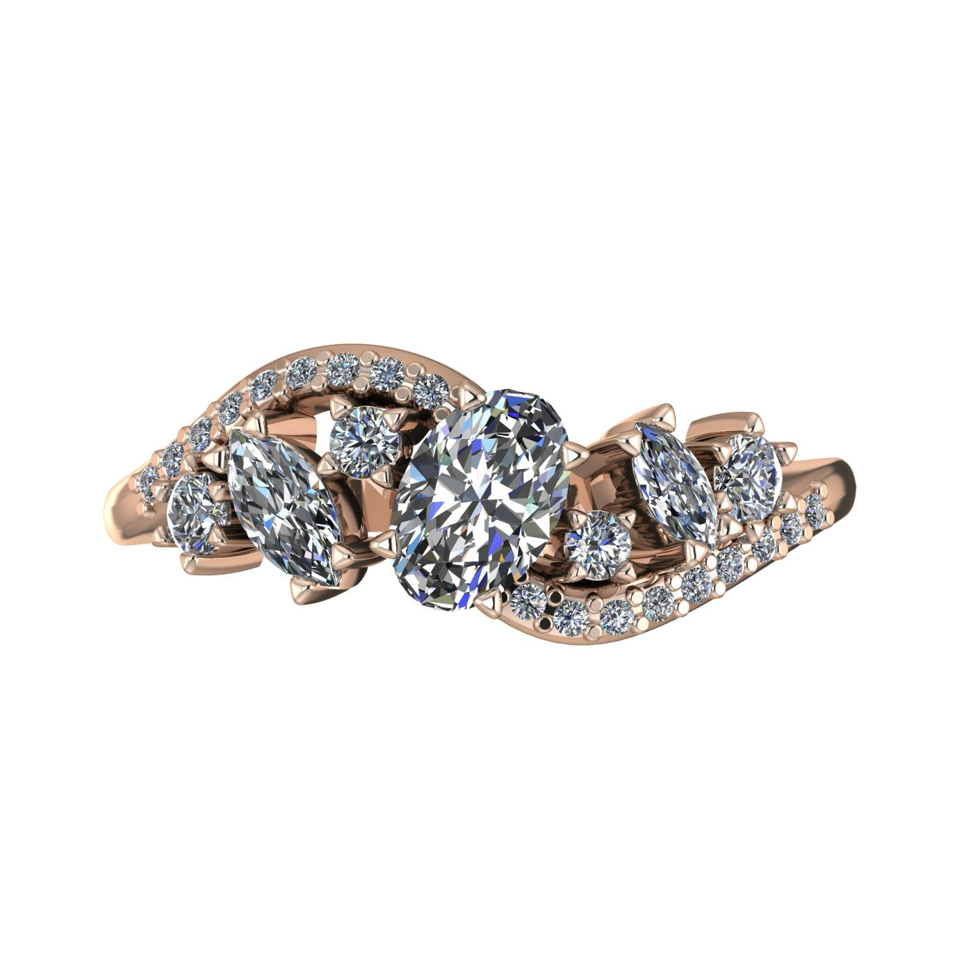 Top-down hero shot of the Atlantis Storm 18ct rose gold ring, featuring an organic cluster of brilliant white diamonds