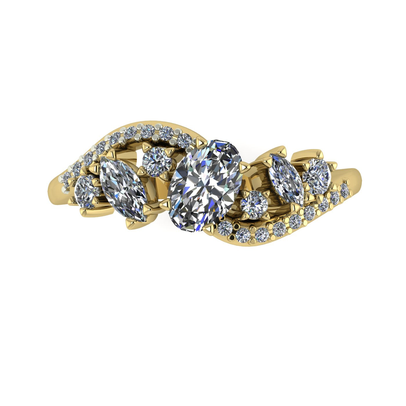Top-down hero shot of the Atlantis Storm 18ct yellow gold ring, featuring an organic wave-inspired cluster of sparkling white diamonds.