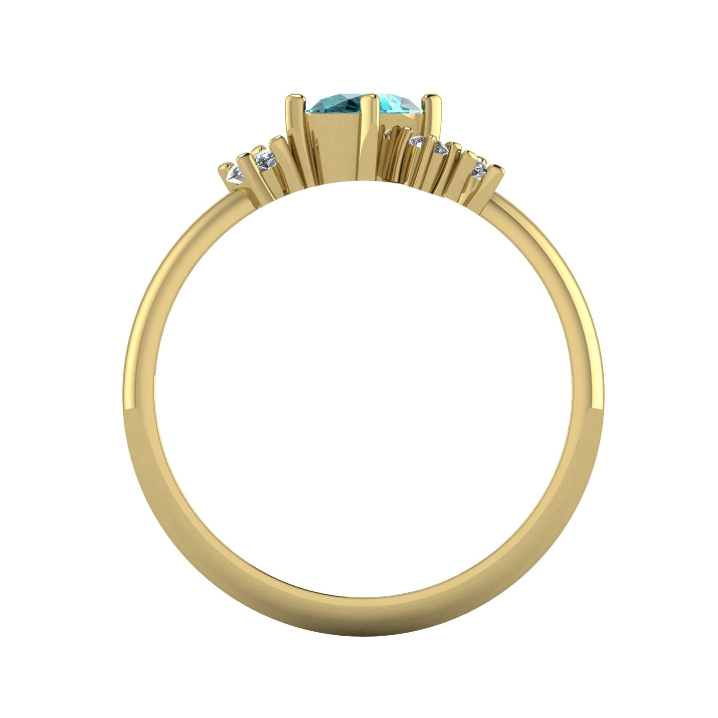 A view through the 18ct yellow gold band, highlighting the intricate under-gallery and the secure mounting of the teal sapphire and diamond cluster.