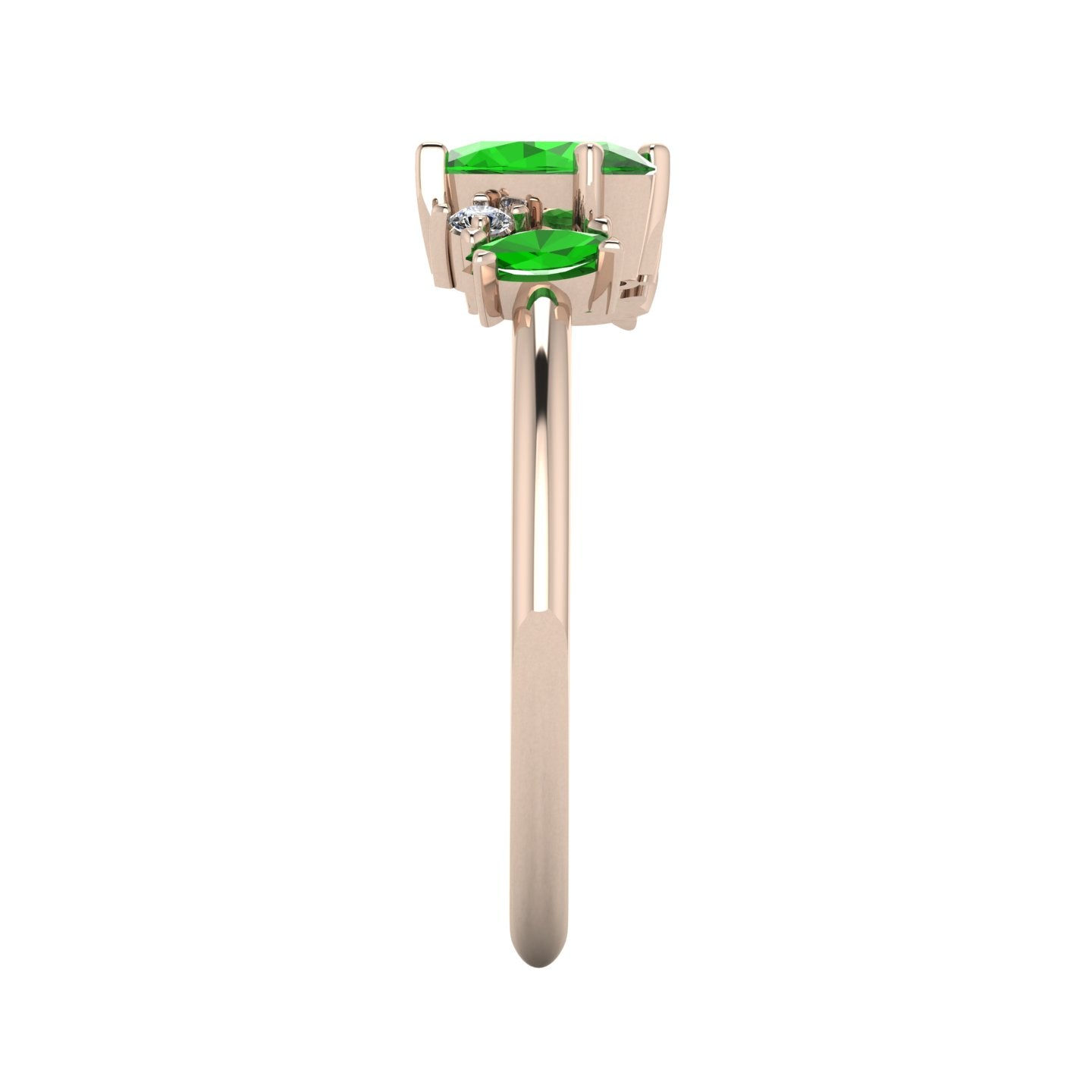 A side profile shot of the Atlantis asymmetrical ring, highlighting the unique heights of the gemstone settings and the smooth finish of the 18ct rose gold.