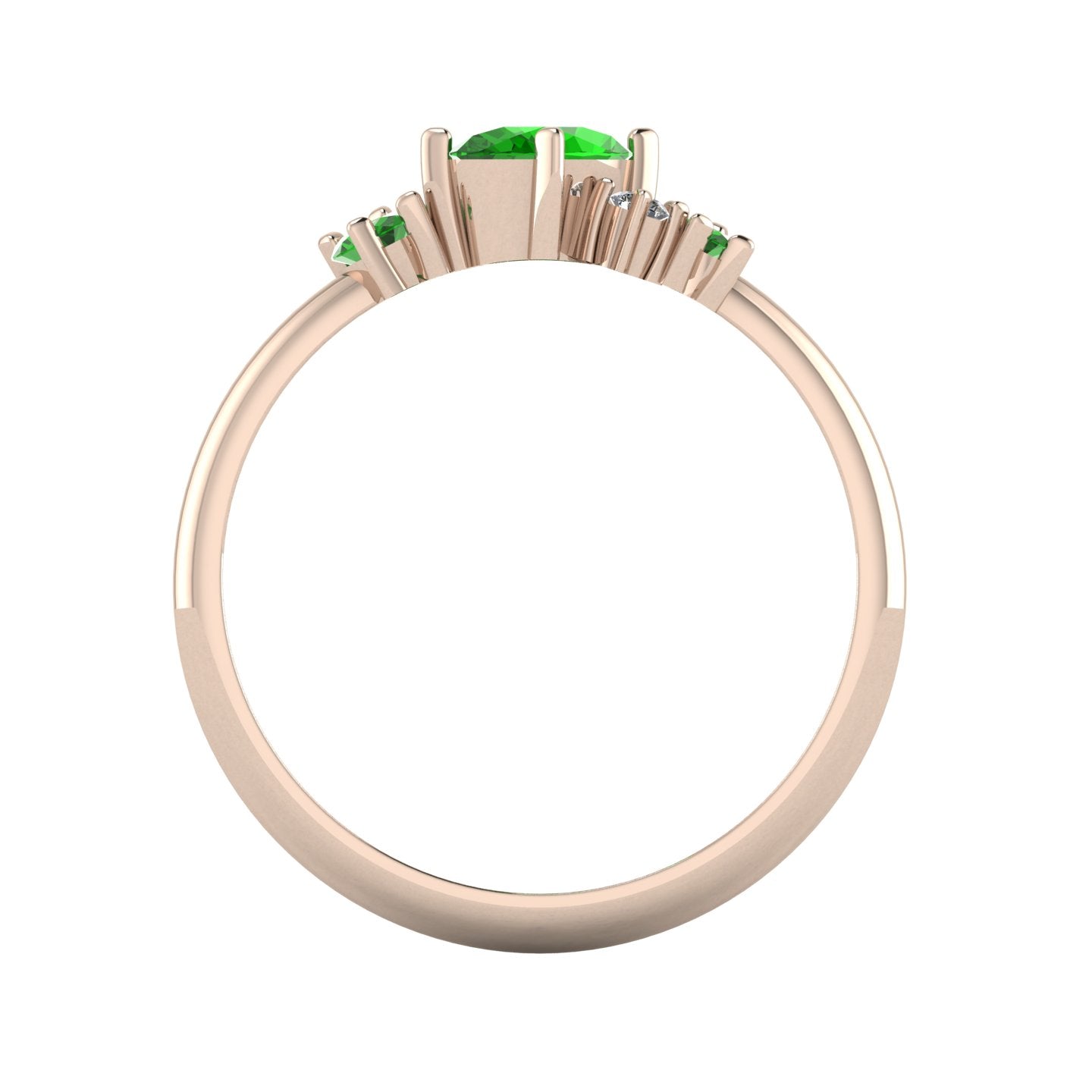 A view looking through the 18ct rose gold band, detailing the intricate under-gallery and the secure mounting of the tsavorite garnet and diamond cluster.