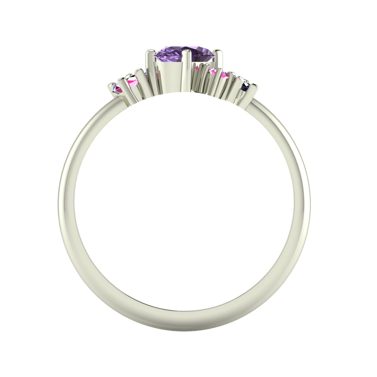 Atlantis violet, pink and blue sapphire asymmetrical engagement ring in platinum or white gold, through-finger view showing the intricate under-gallery and secure sapphire settings, handmade in London