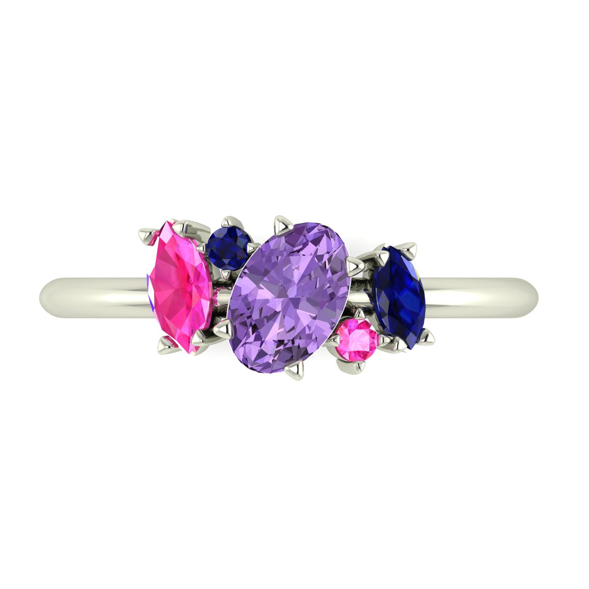 Atlantis violet, pink and blue sapphire asymmetrical engagement ring in platinum or 18ct white gold, overhead view showing the full organic sapphire cluster, alternative engagement ring handmade in London