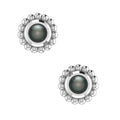 A front-facing view of the Black Pearl Mini Alto earrings, featuring high-polished recycled silver geometric frames holding a single round black freshwater pearl with peacock undertones.