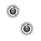 A front-facing view of the Black Pearl Mini Alto earrings, featuring high-polished recycled silver geometric frames holding a single round black freshwater pearl with peacock undertones.