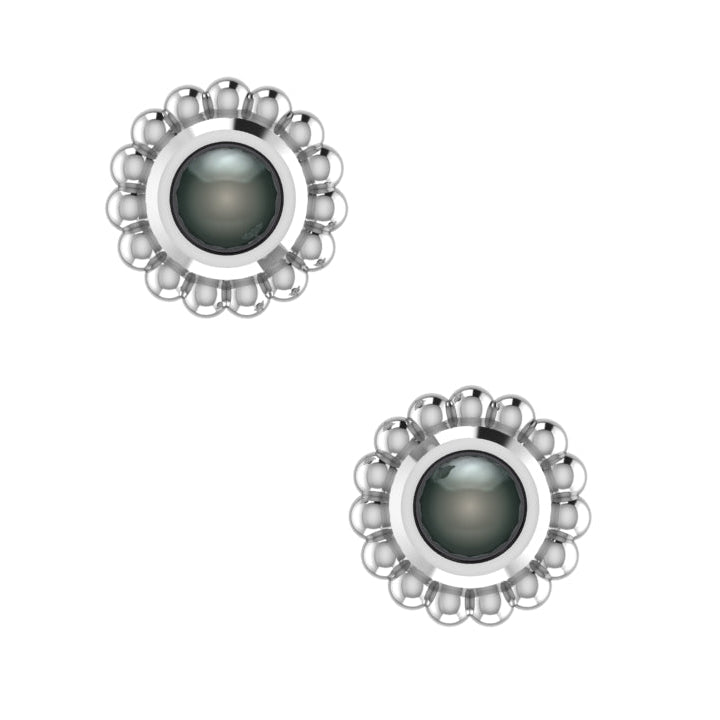 A front-facing view of the Black Pearl Mini Alto earrings, featuring high-polished recycled silver geometric frames holding a single round black freshwater pearl with peacock undertones.