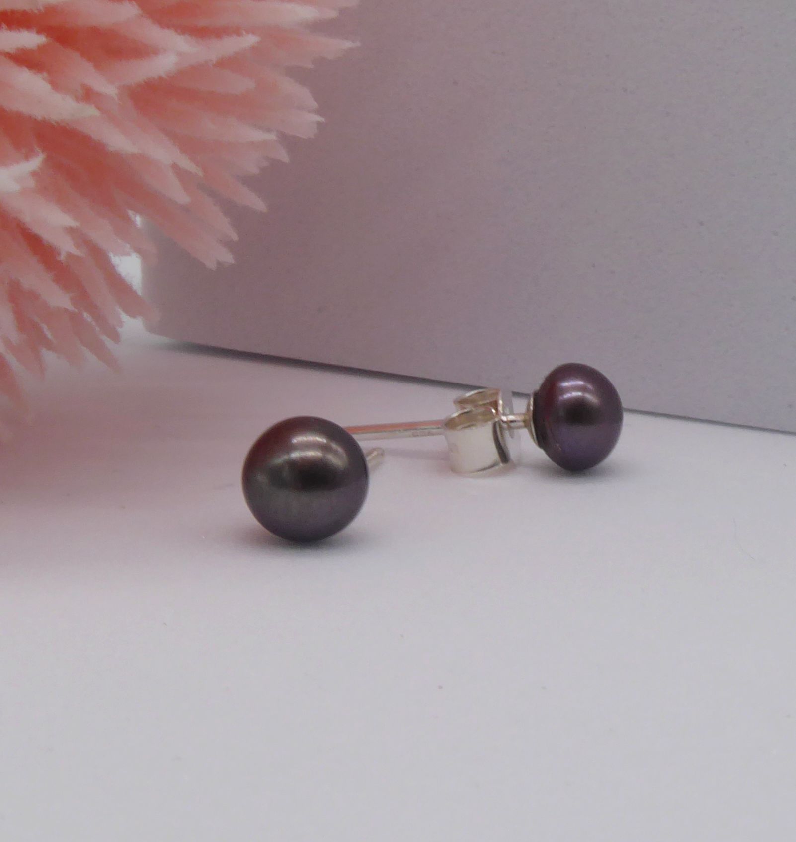 Small Black Cultured Freshwater  Pearl Stud Earrings with Silver