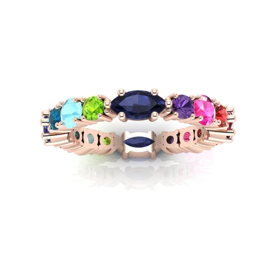 Top-down view of the handmade Allsorts ring, highlighting the 'order in chaos' transition from vivid blues to deep pinks and reds.