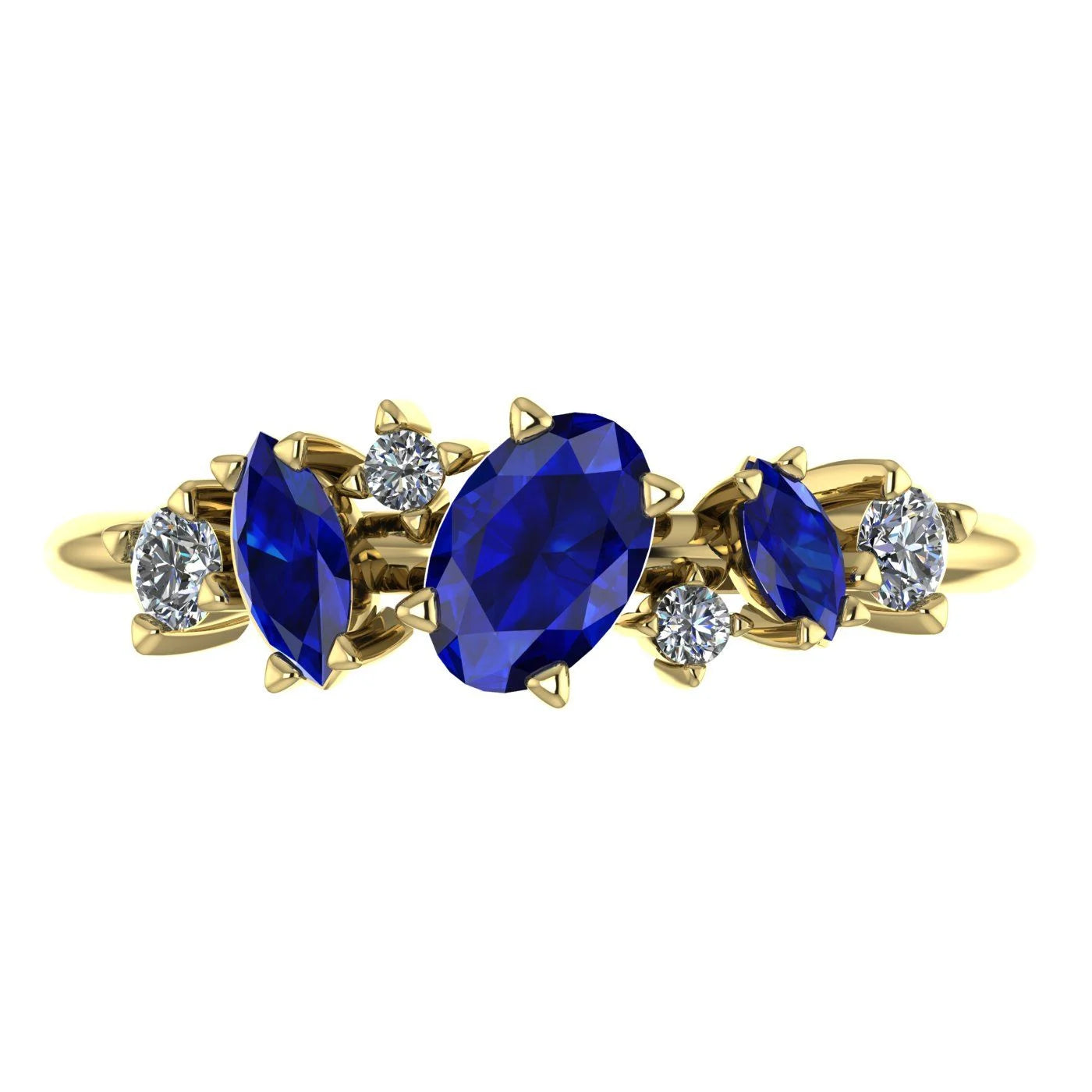 Top view of the Atlantis Paradise ring in 18ct yellow gold, featuring a central blue sapphire and an asymmetrical diamond cluster.