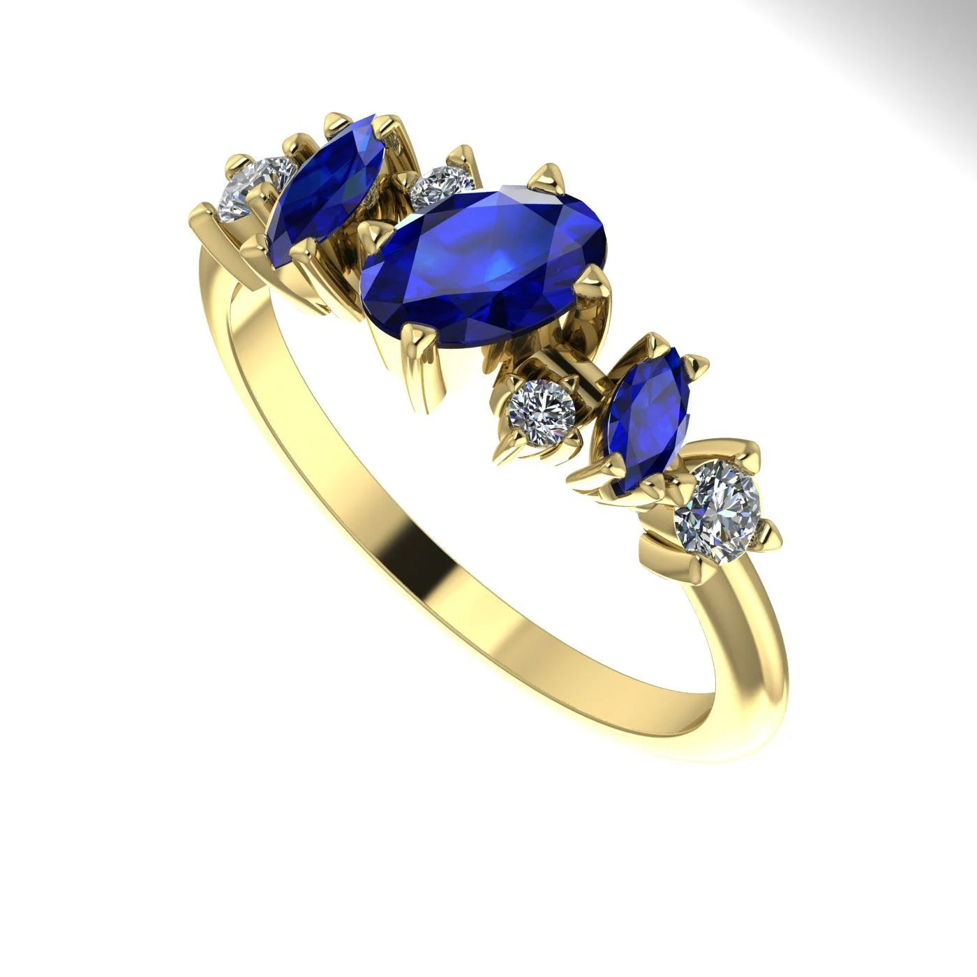 An angled view of the 18ct yellow gold ring highlighting the light interaction with the sapphire and diamonds.