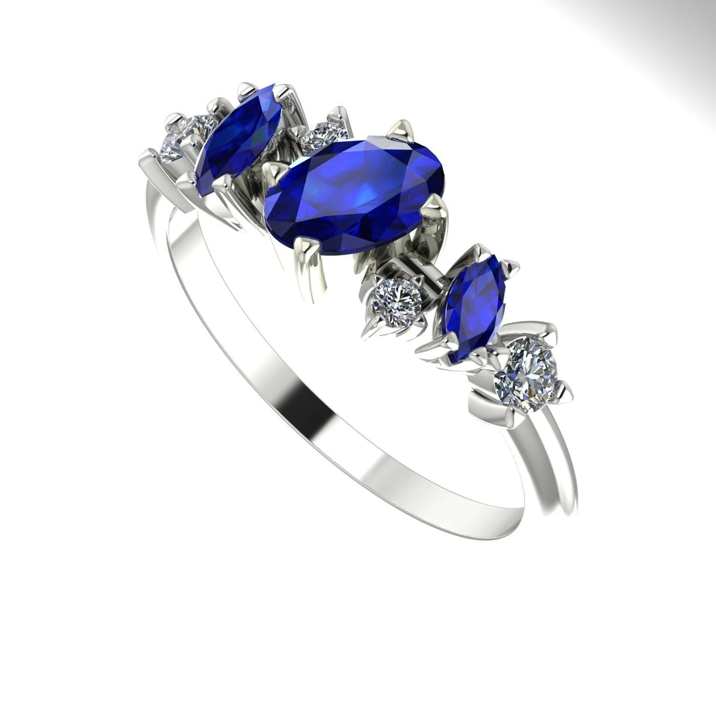 An angled view of the 18ct white gold or platinum ring highlighting the light-catching facets of the sapphire and diamonds.