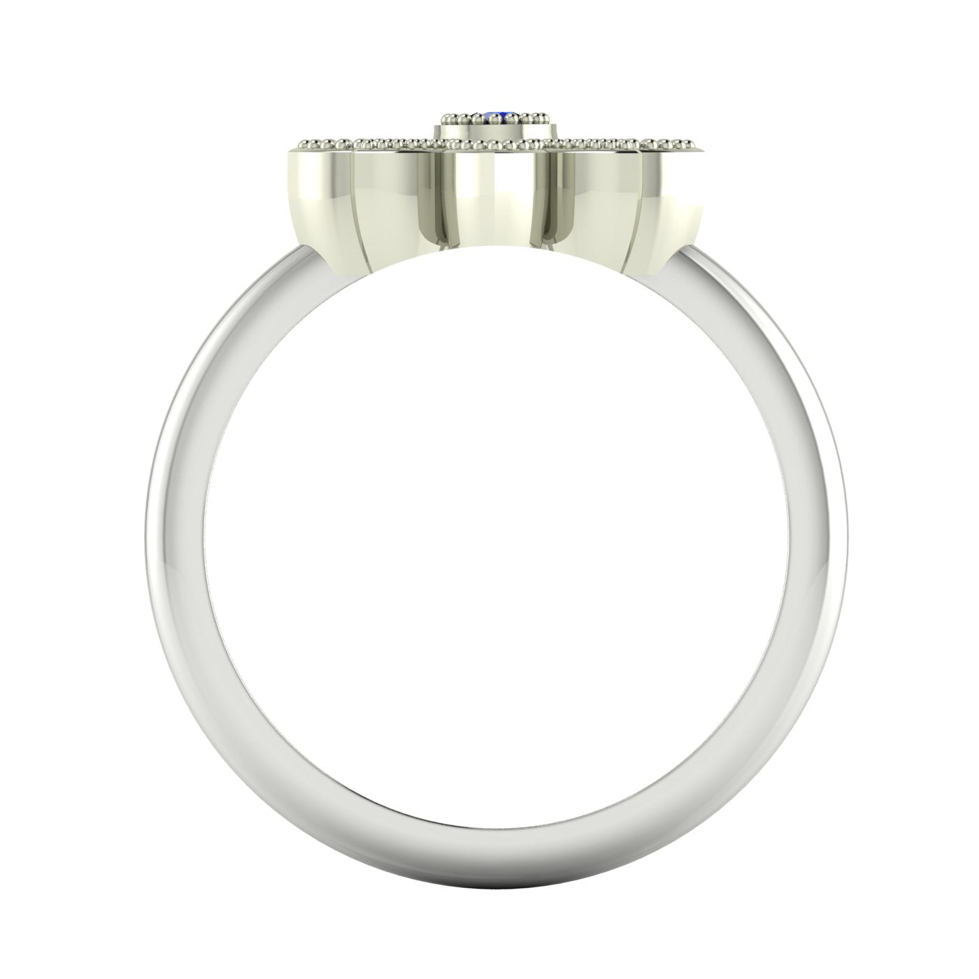 View through the circular band of the Astraea Liberty ring showing the secure underside of the sapphire and diamond settings.