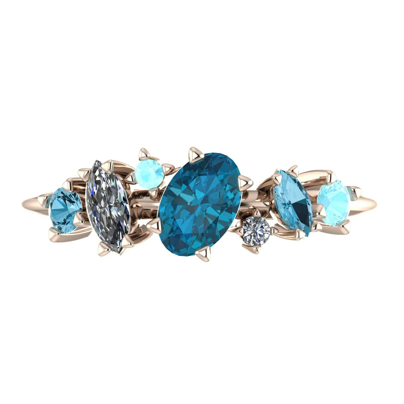 Front view of the 18ct rose gold Atlantis Paradise ring featuring a central round blue topaz and asymmetrical diamonds.