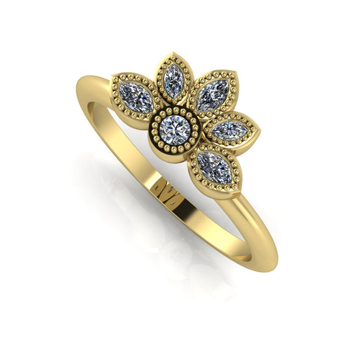 Perspective view of an all-diamond cluster ring in 18ct yellow gold with intricate milgrain beaded detailing.