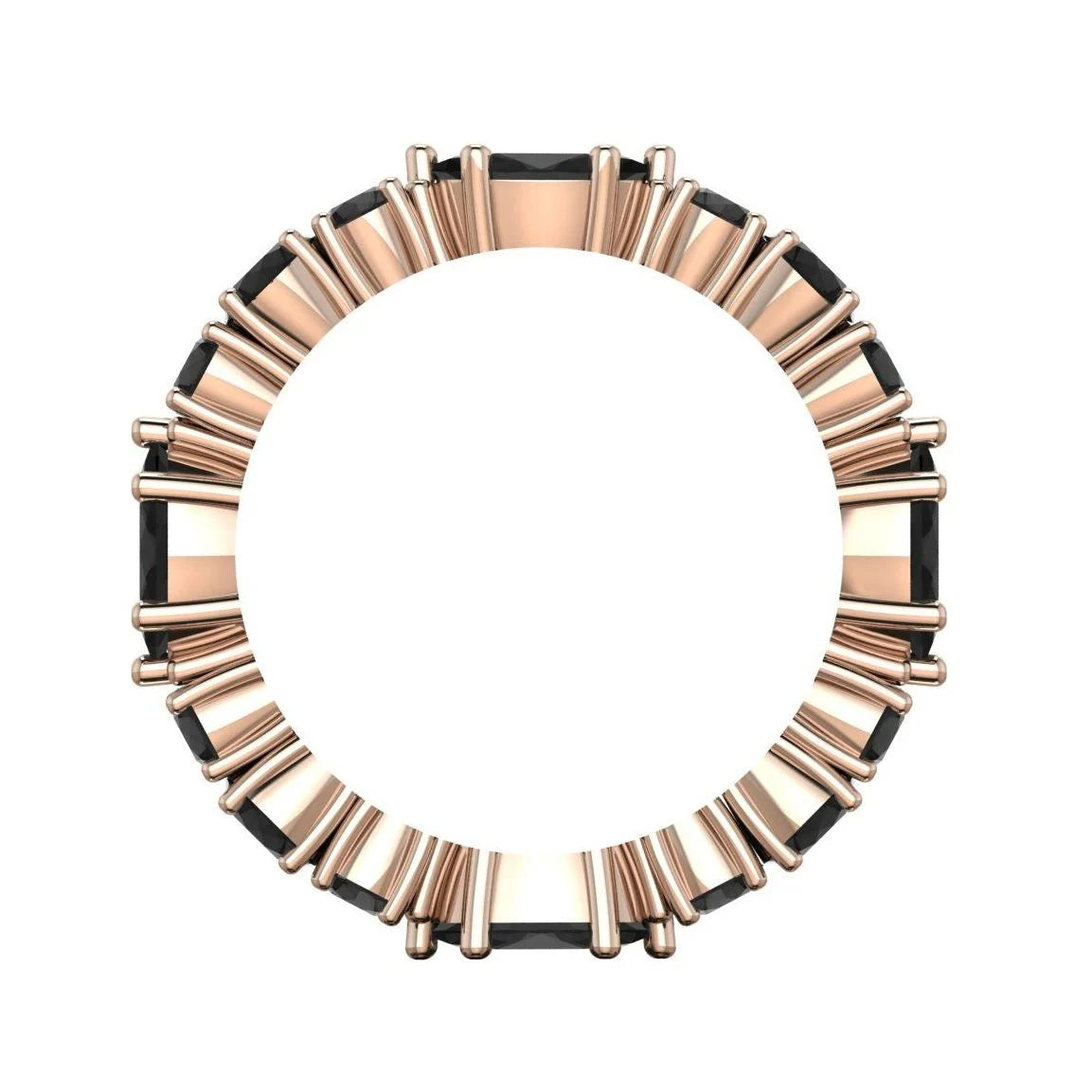 Close-up of the rose gold band showing the secure claw setting of the black diamonds.