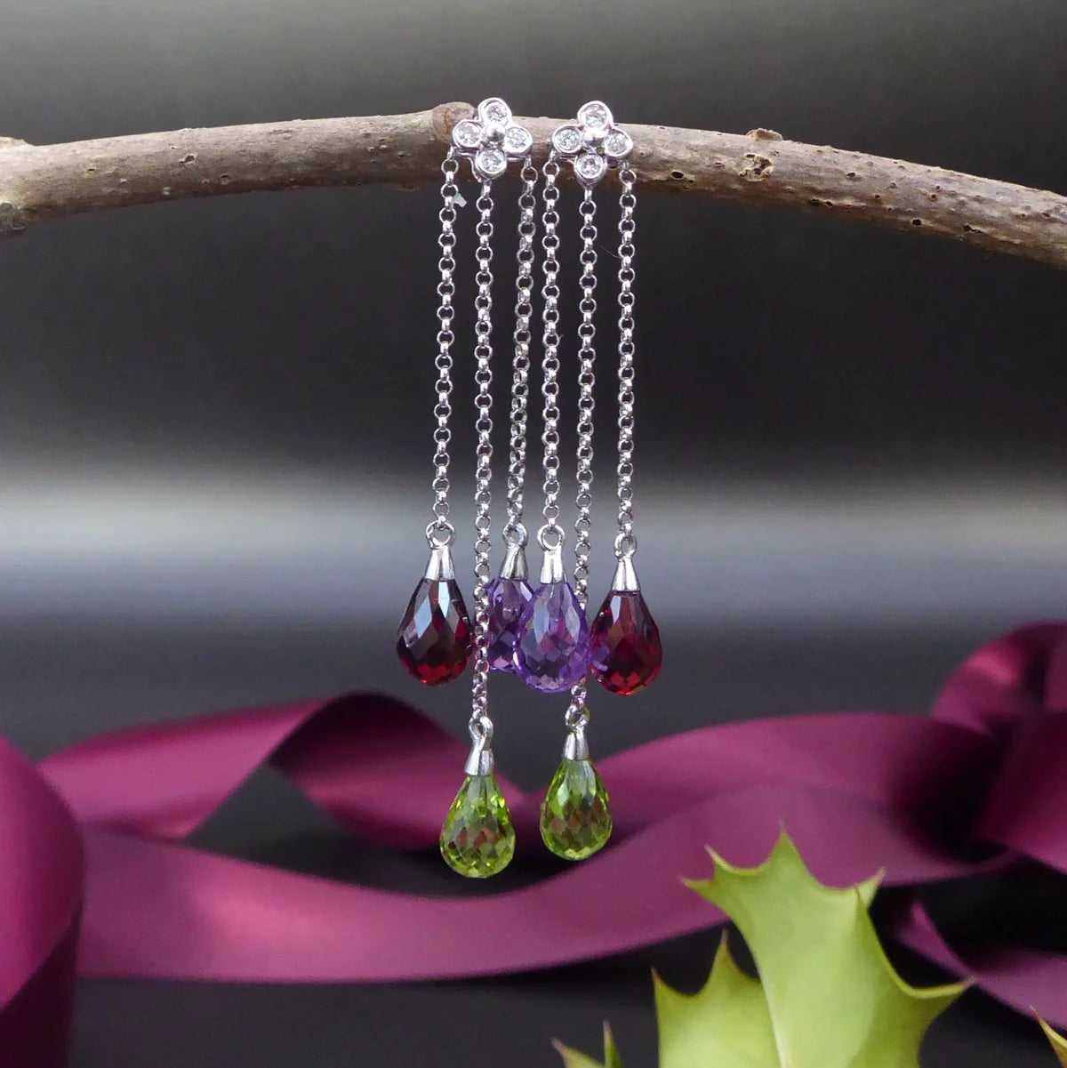Briolette Gemstones & Diamond Earrings | 18 Carat White Gold