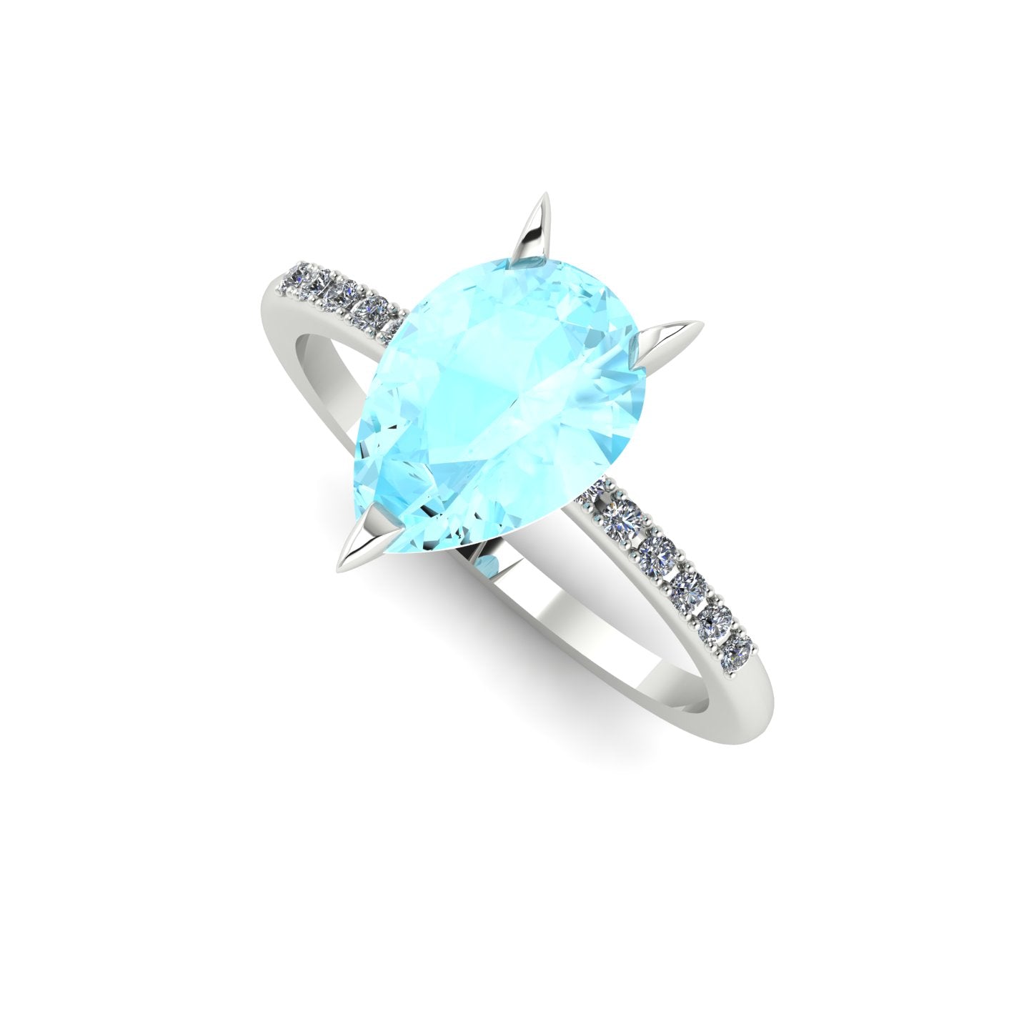 Angle view of the Calista engagement ring, featuring a massive 1.9-carat pear-shaped aquamarine framed by brilliant white diamonds.