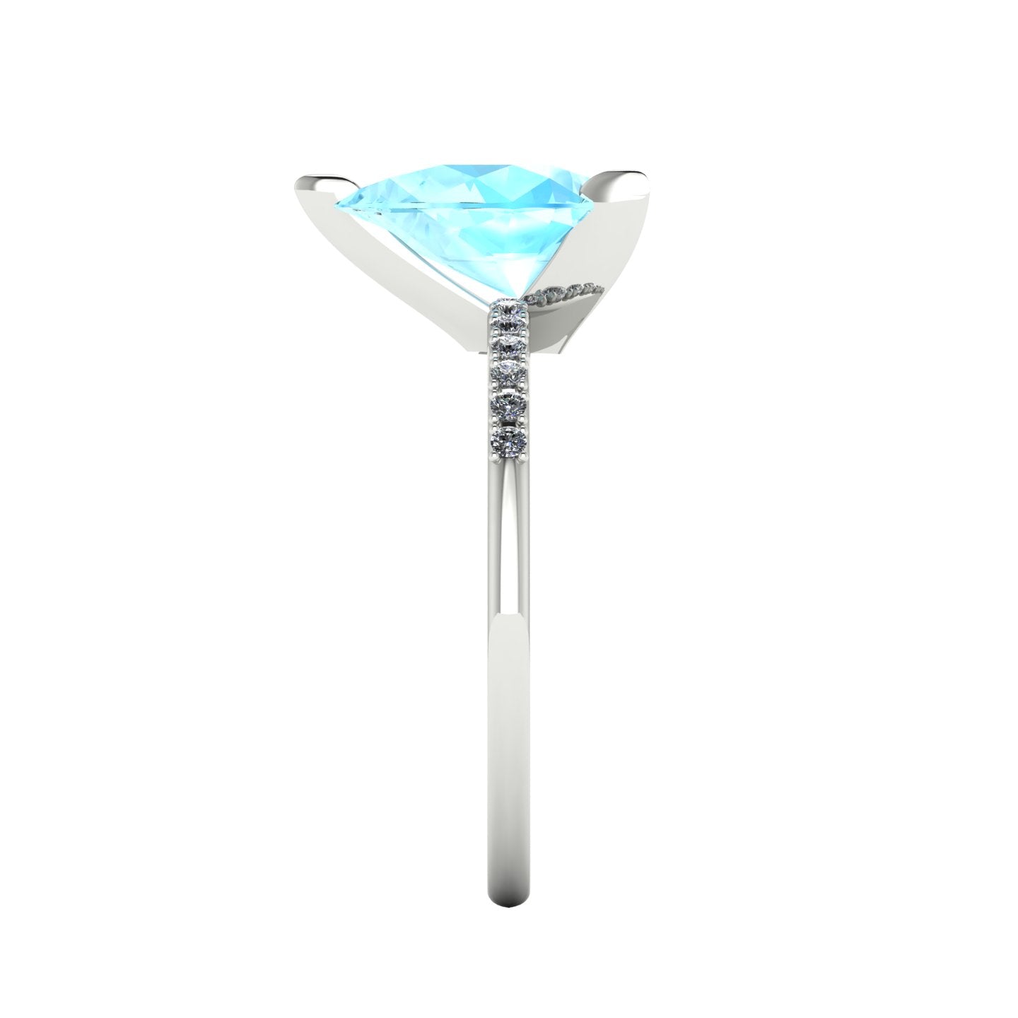 Side view of the Calista engagement ring, featuring a massive 1.9-carat pear-shaped aquamarine showing the height of the setting.