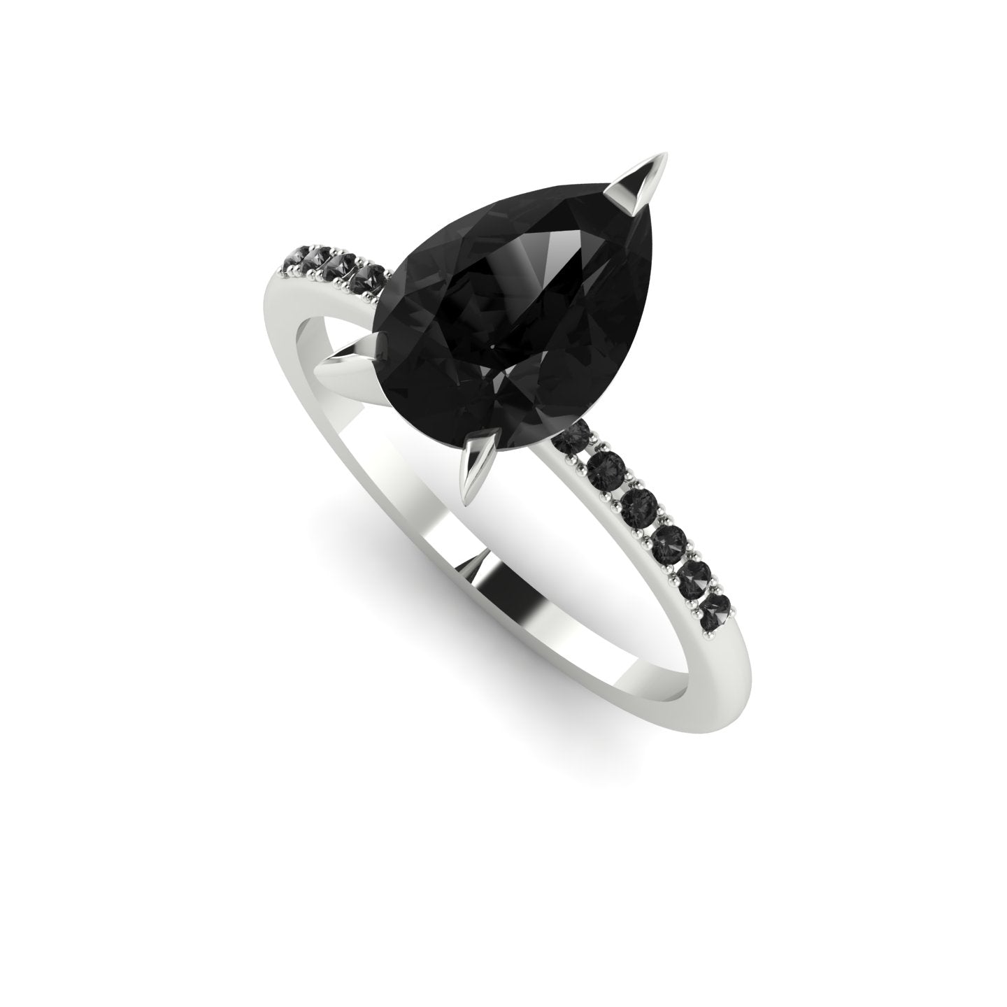 Front three-quarter studio view of the Calista 2ct black diamond ring, highlighting the striking contrast of dark gemstones against a white precious metal band.