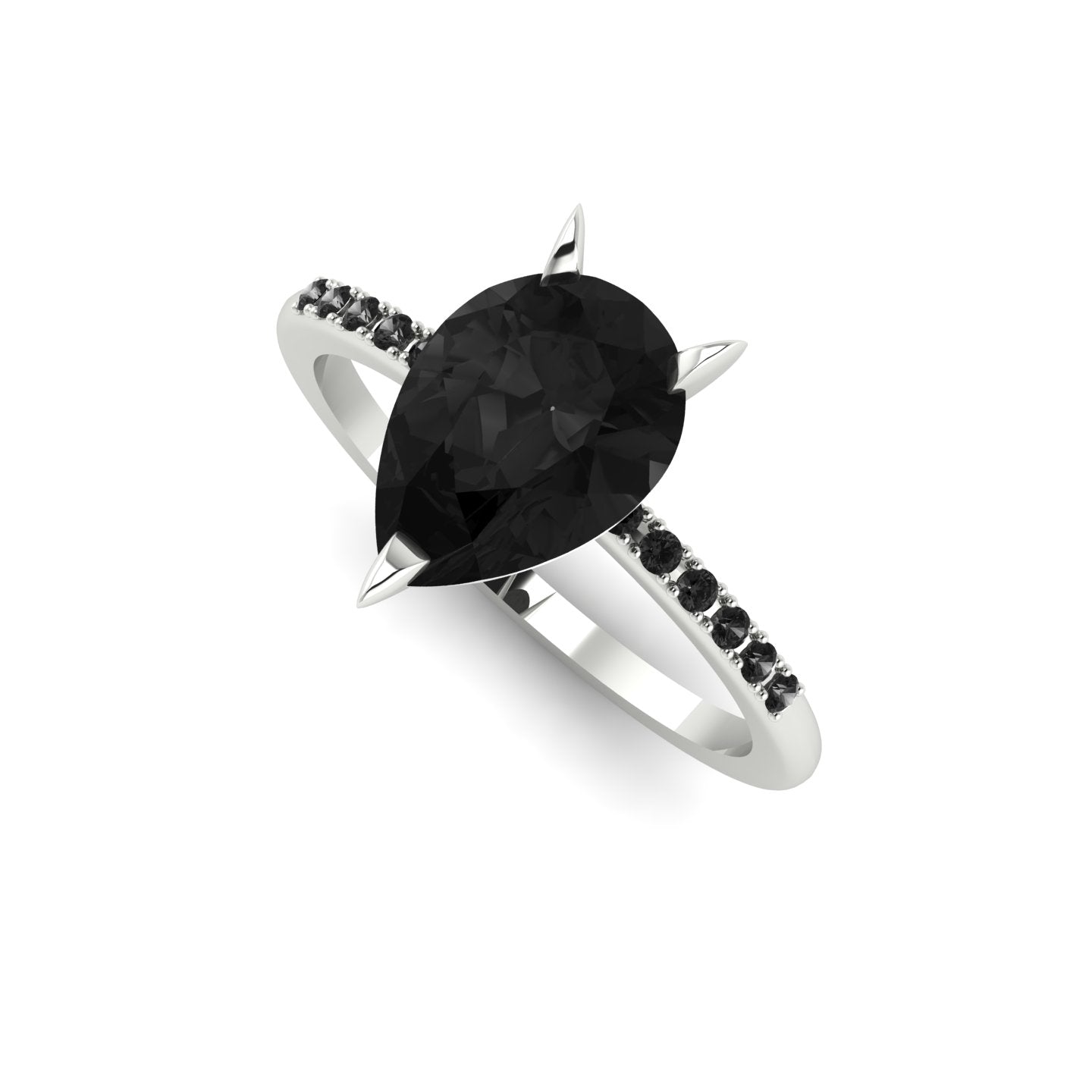 Front three-quarter studio view of the Calista 2ct black diamond ring, highlighting the striking contrast of dark gemstones against a white precious metal band.