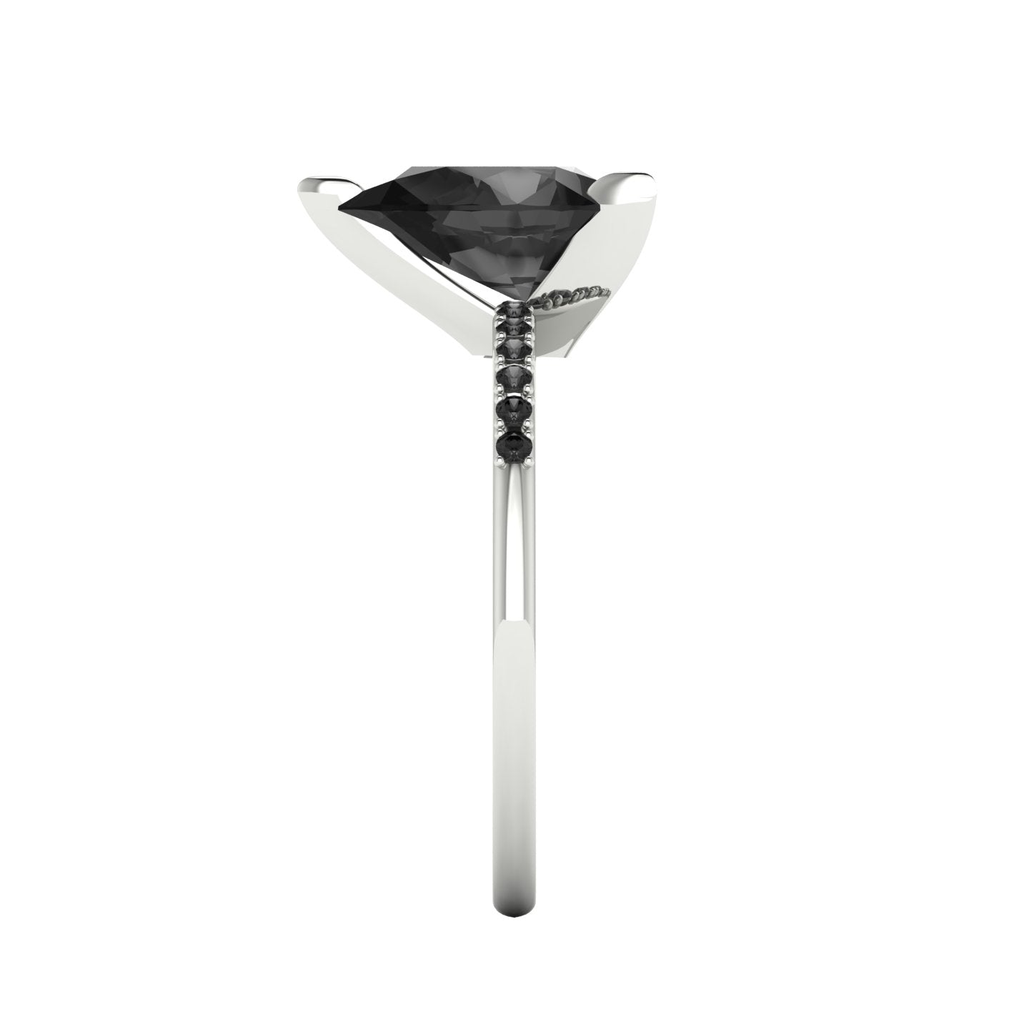 Side profile product photo of the Calista black diamond ring, showcasing the elegant three-prong basket setting and slim 1.5mm pave band.