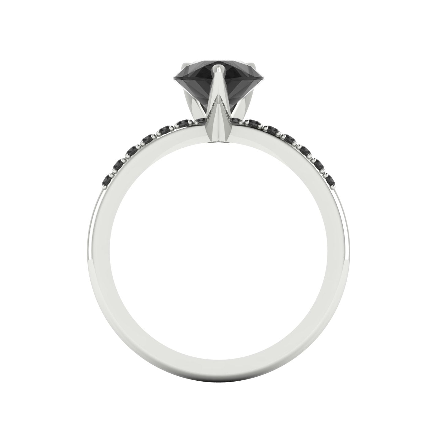 Through-finger view of the 2 carat Calista black diamond ring, displaying the clean interior under-gallery and handmade setting structure.