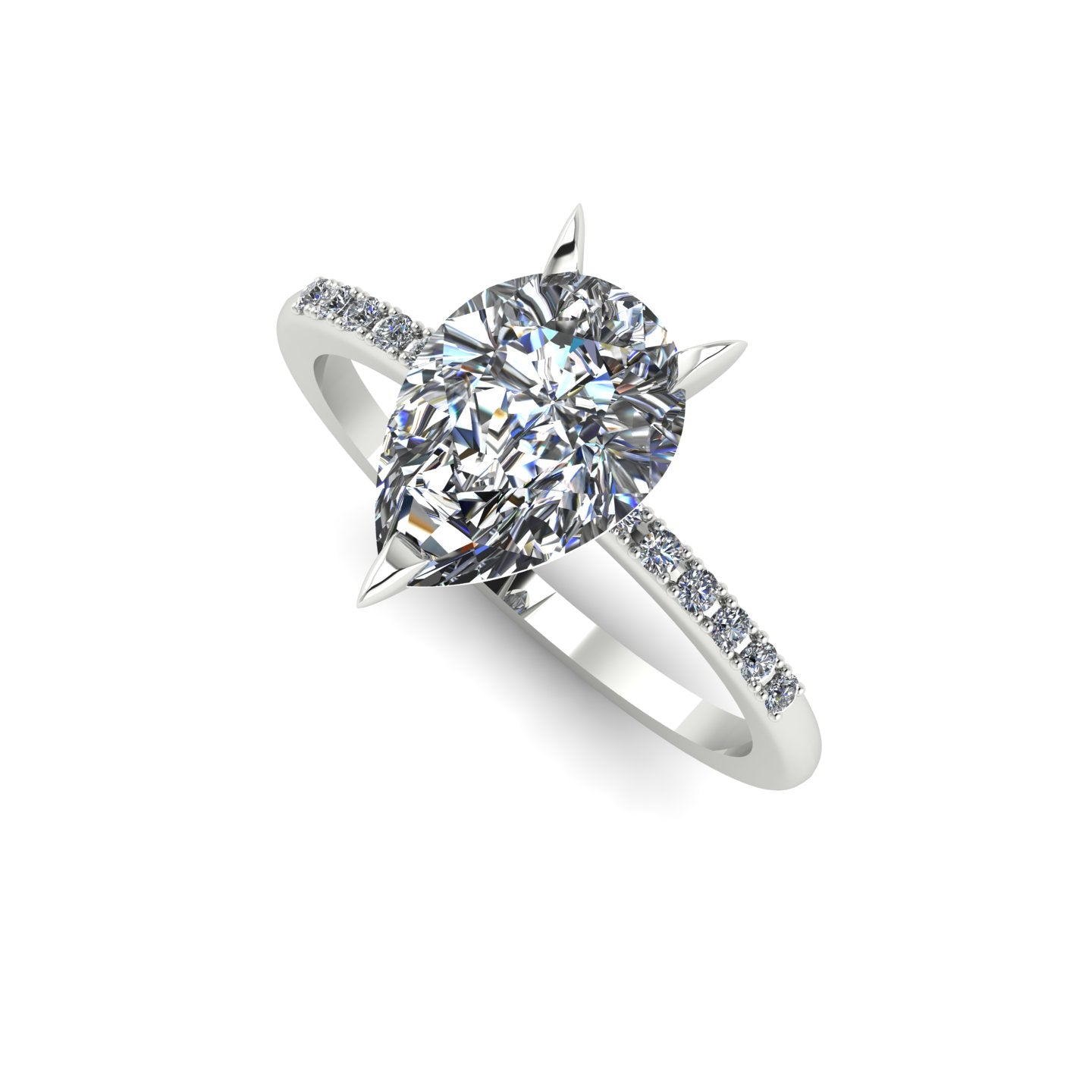 Front three-quarter studio view of the Calista lab diamond ring, highlighting the brilliant white diamonds pavé-set into the precious metal shoulders.