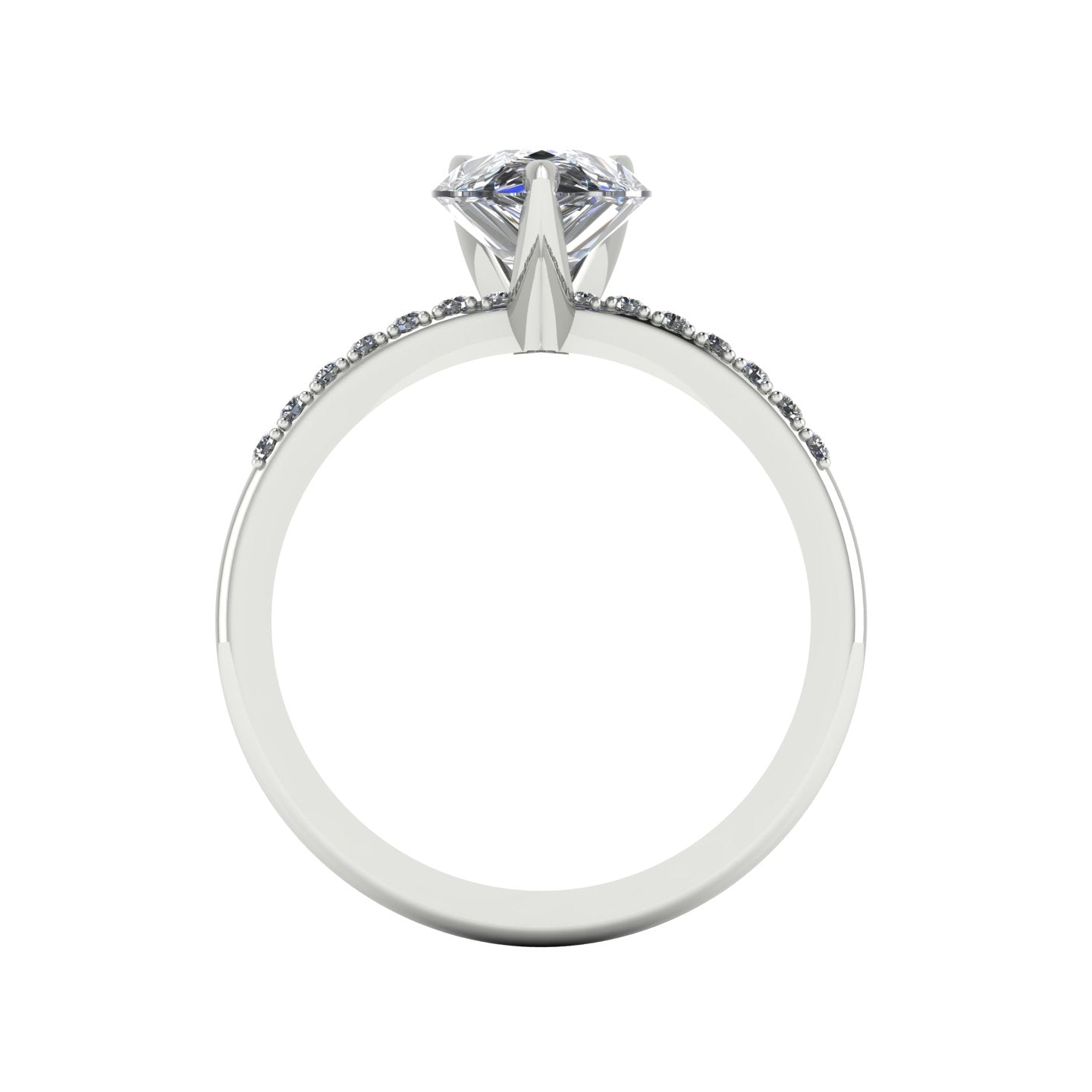 Through-finger view of the 18ct white gold lab diamond ring, showing the clean interior under-gallery and open structure beneath the stones.