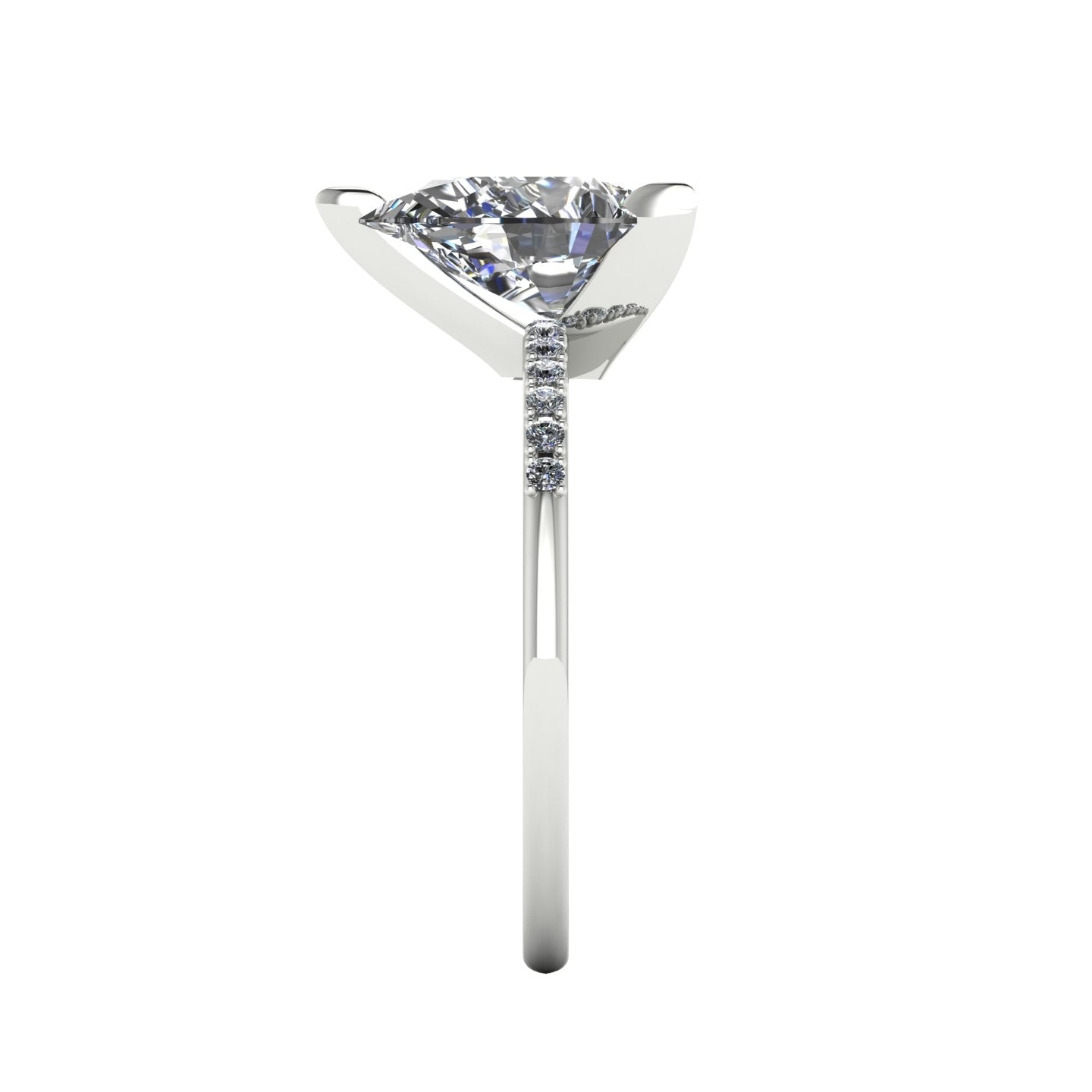 Side profile product photo of the Calista ring, displaying the elegant, structural three-prong basket setting holding the pear diamond.