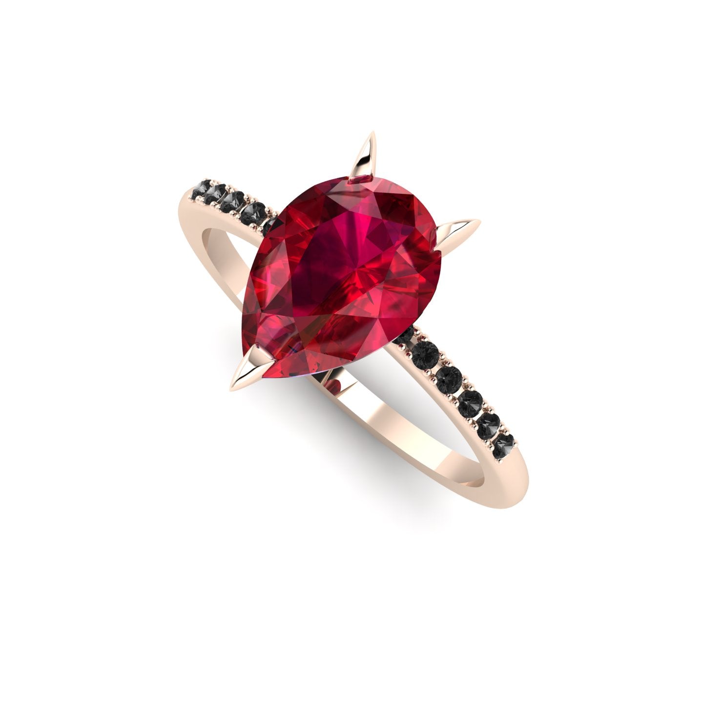 Front three-quarter studio view of the Calista ruby ring, showcasing the stark, edgy contrast of the black diamonds set into the rose gold shoulders.