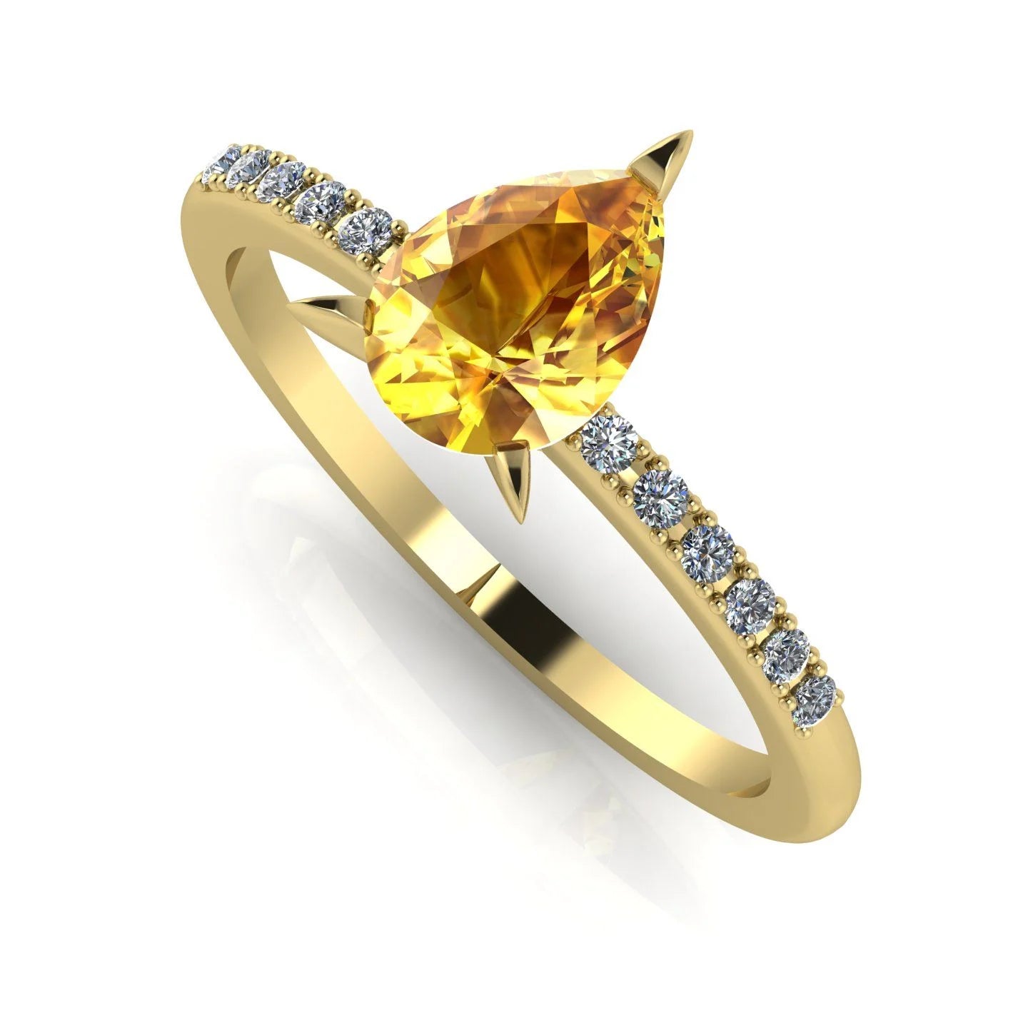 Side view of the yellow gold Calista ring, showcasing the raised basket setting for the pear sapphire and the diamond-set shoulders.