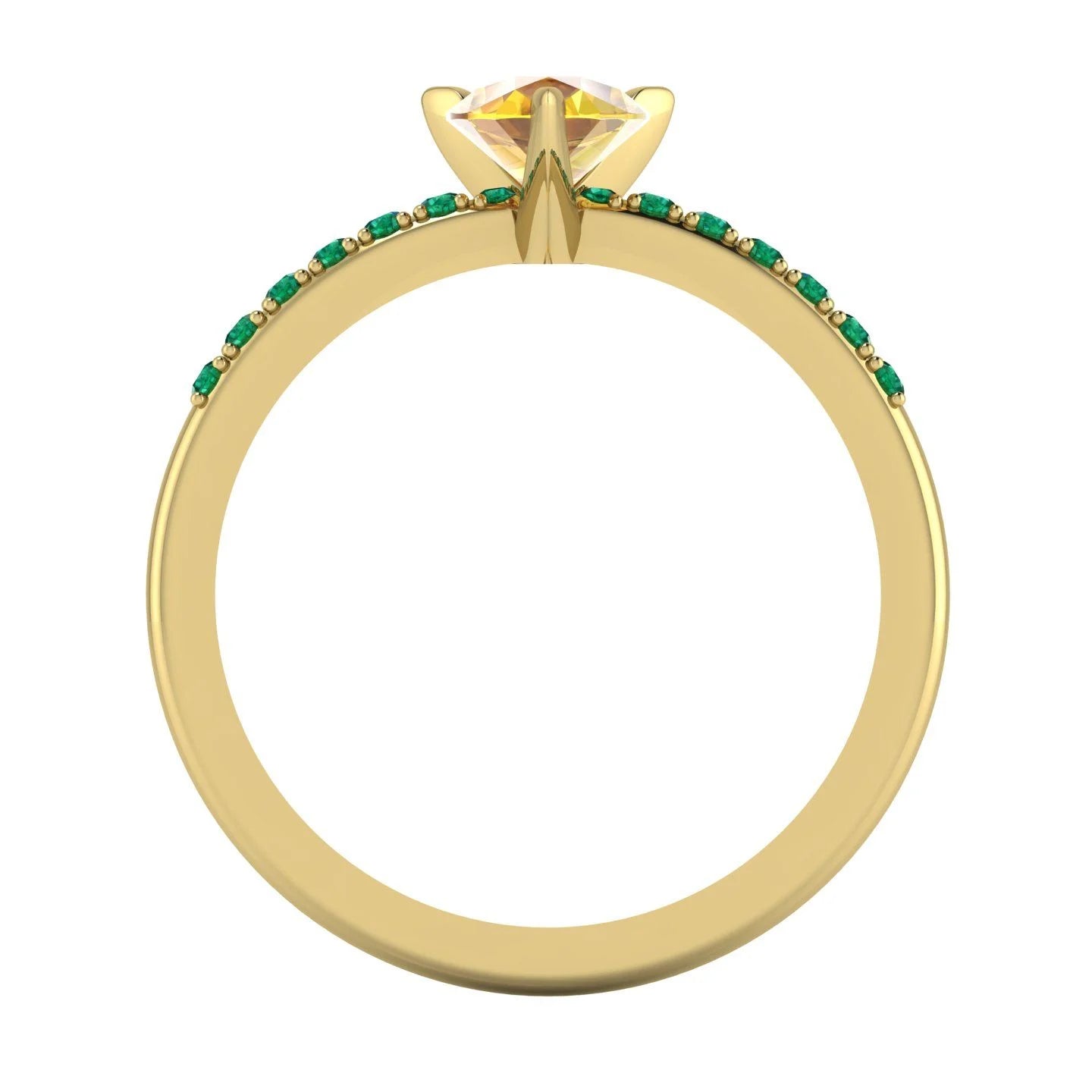 Through-finger technical view of the 18ct gold Calista sapphire and emerald ring, showing the clean under-gallery and UK hallmark.