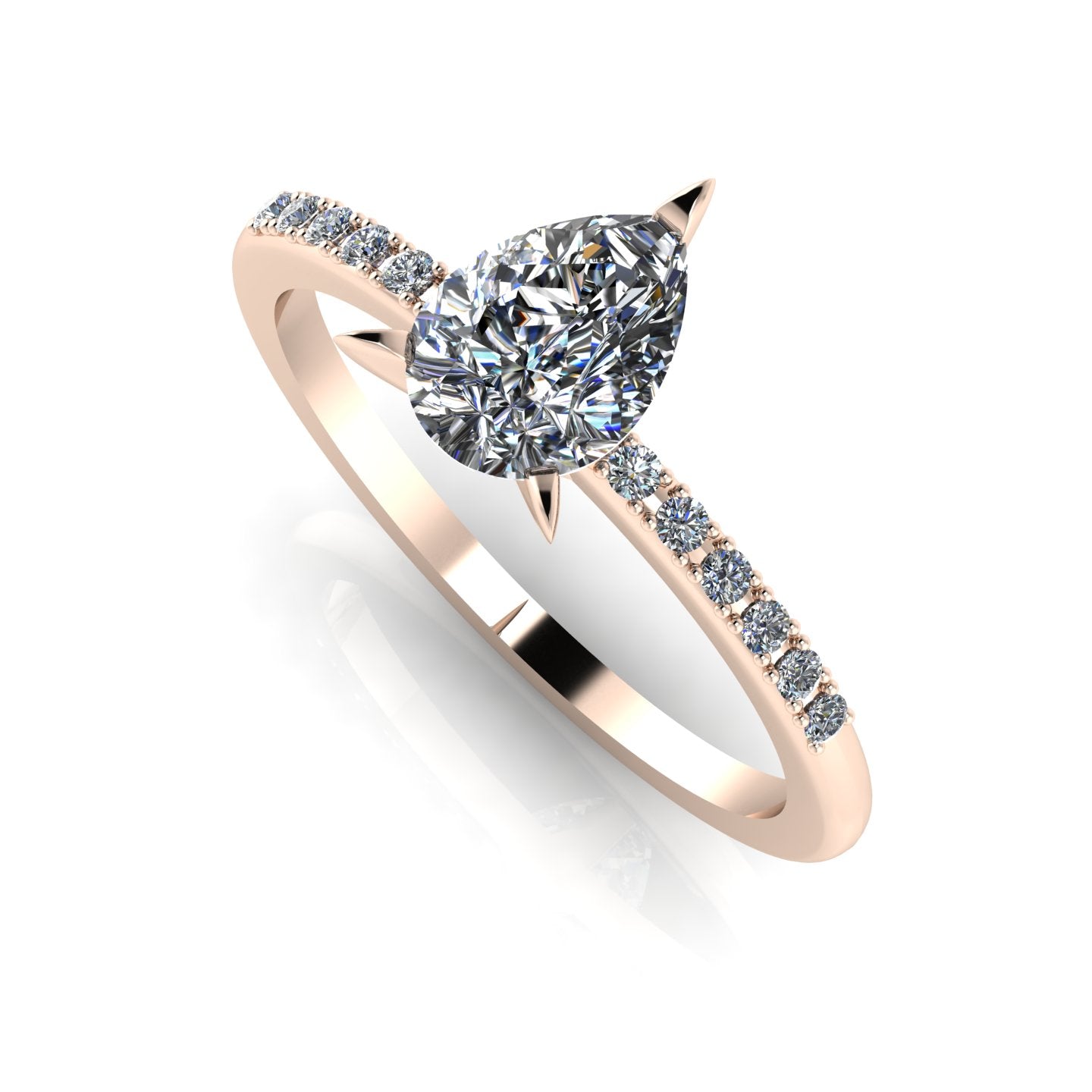 Front three-quarter studio view of the Calista diamond ring, highlighting the row of white pavé diamonds set beautifully into the warm rose gold shoulders. Reflective background.