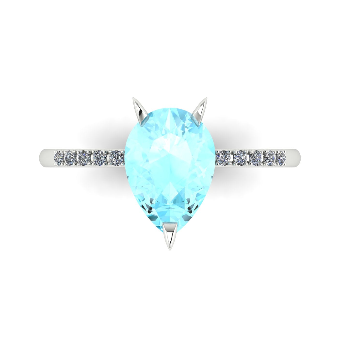 Top-down studio hero shot of the Calista engagement ring, featuring a massive 1.9-carat pear-shaped aquamarine framed by brilliant white diamonds.